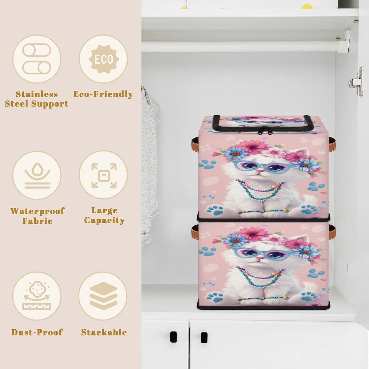 Cute Flowers Cat Storage Box with Lid and Handles Foldable Cloth Storage Basket Bin Bags for Shelves Closet Shelf Toys Clothes Bed Sheets Organizer 2 Pack