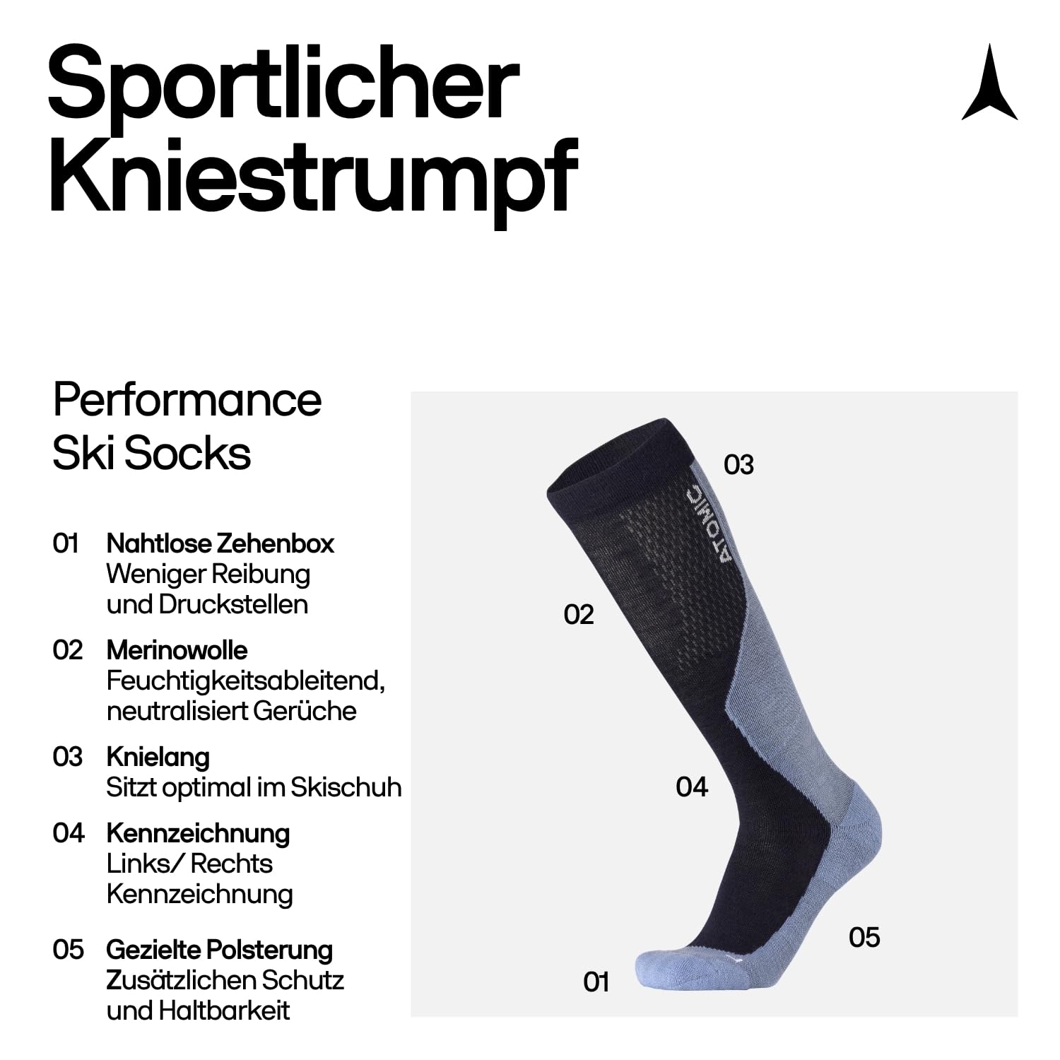 ATOMIC Performance Ski-Socken I Dünne Skisocken mit Polsterung I Leichte Strümpfe für Damen & Herren I Kniestrümpfe mit nahtloser Zehenbox I Skistrümpfe aus Merinowolle, Polyester & Nylon