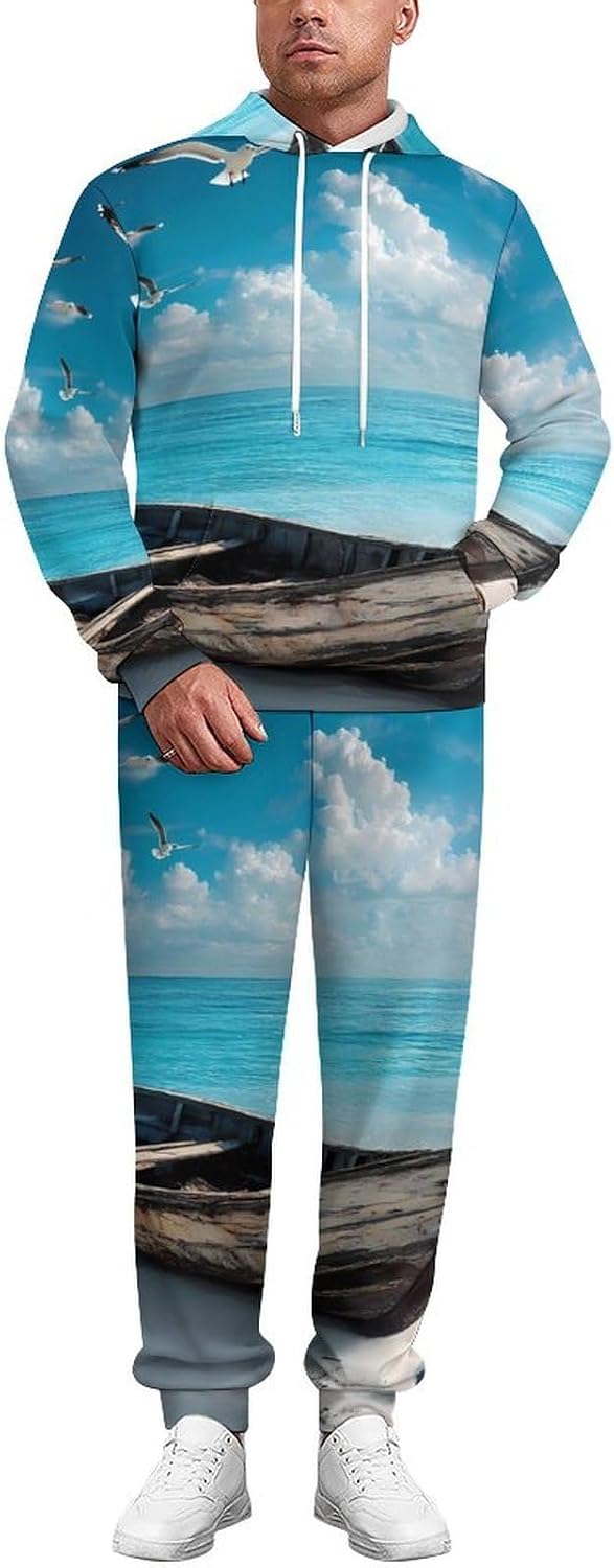 Boat on Beach Seagulls Adult 2 Piece Tracksuits Hoodie Sweatshirt And Joggers Sweatpants Sweat Suit Outfits