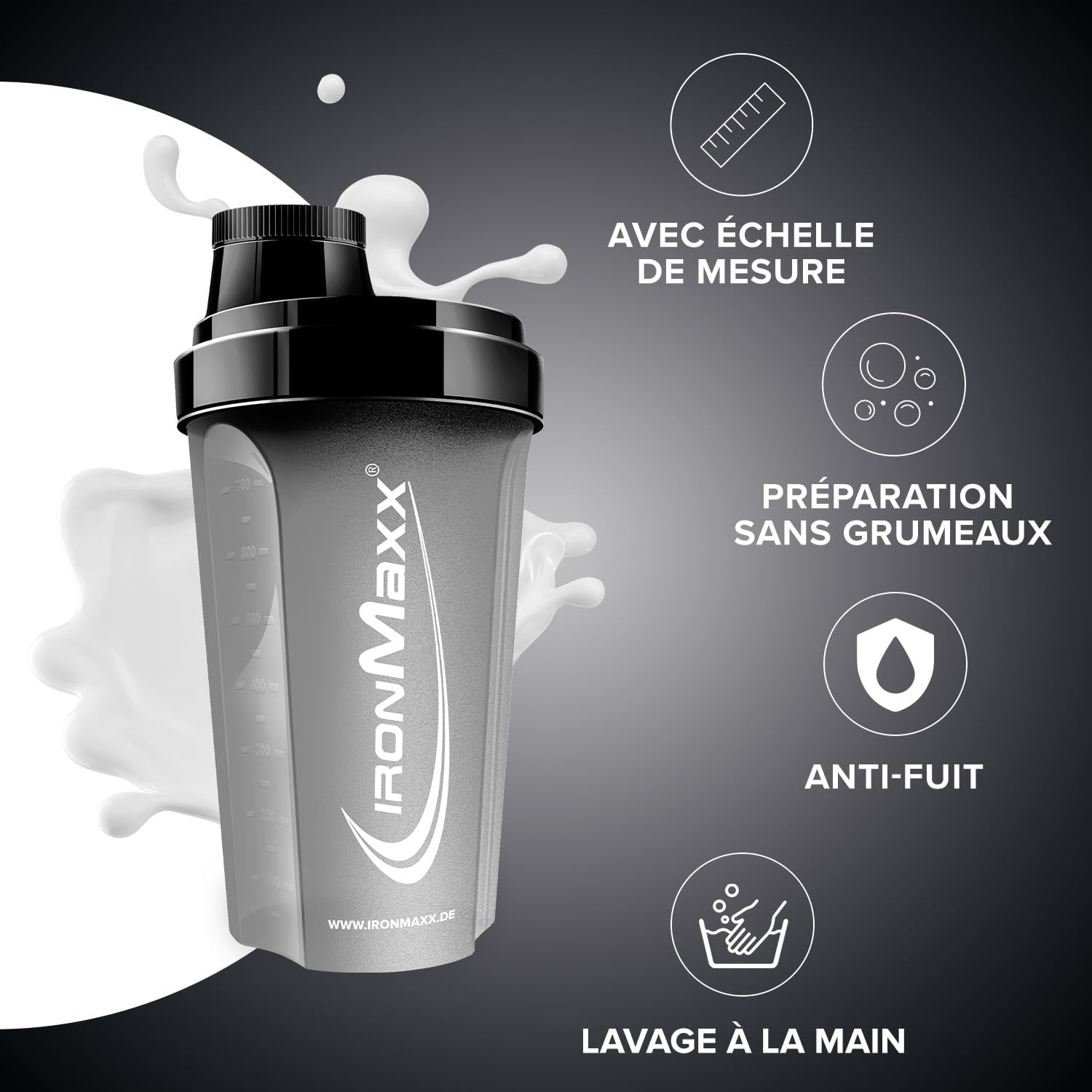 IronMaxx Shaker Protéine Noir Nuit 700 ml – Anti-fuite avec passoire et graduation pr - Détails et caractéristiques