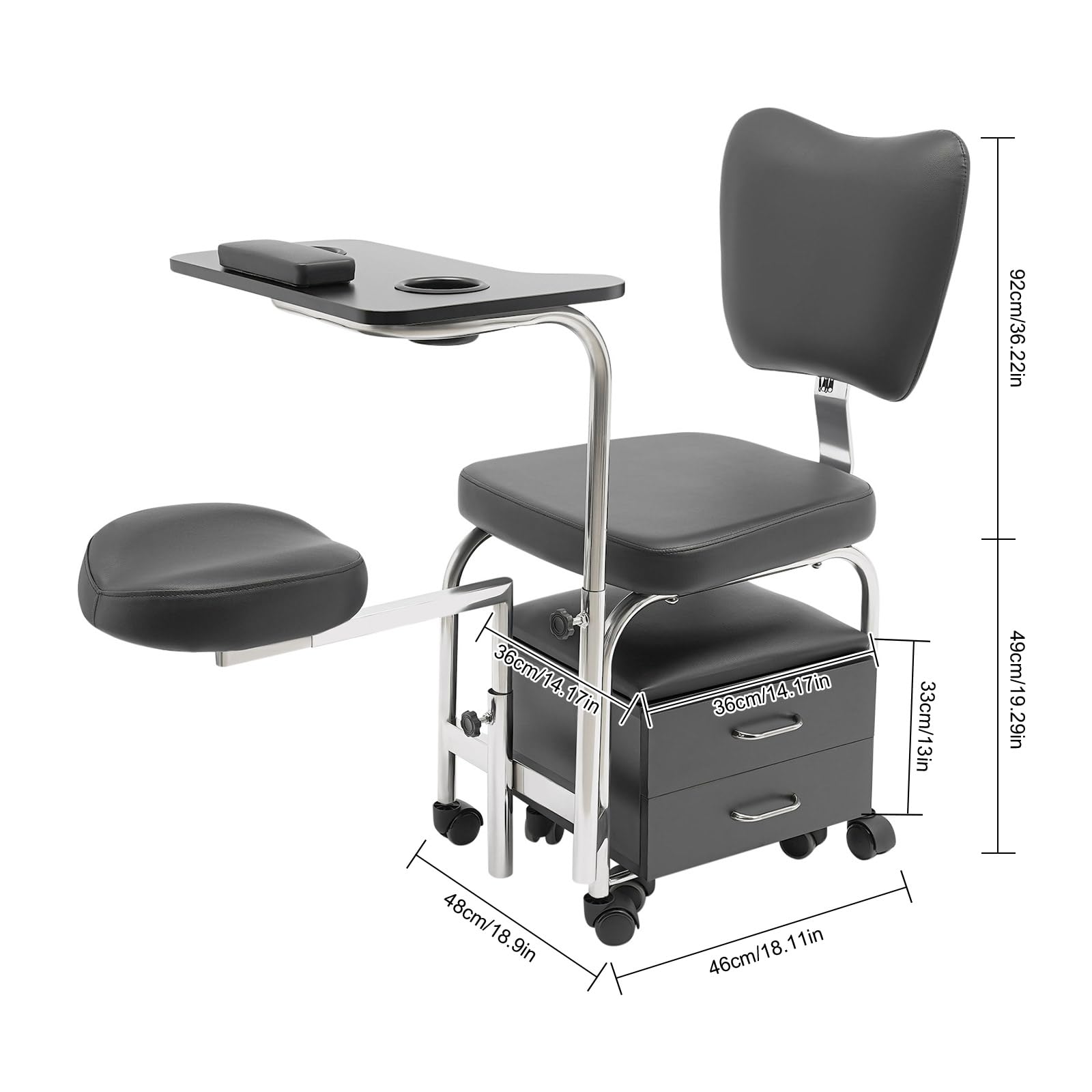 Taburete giratorio de manicura, reposapiés ajustable y soporte para manos, silla de pedicura móvil con ruedas, cómodo respaldo de esponja, taburete de masaje para spa de belleza