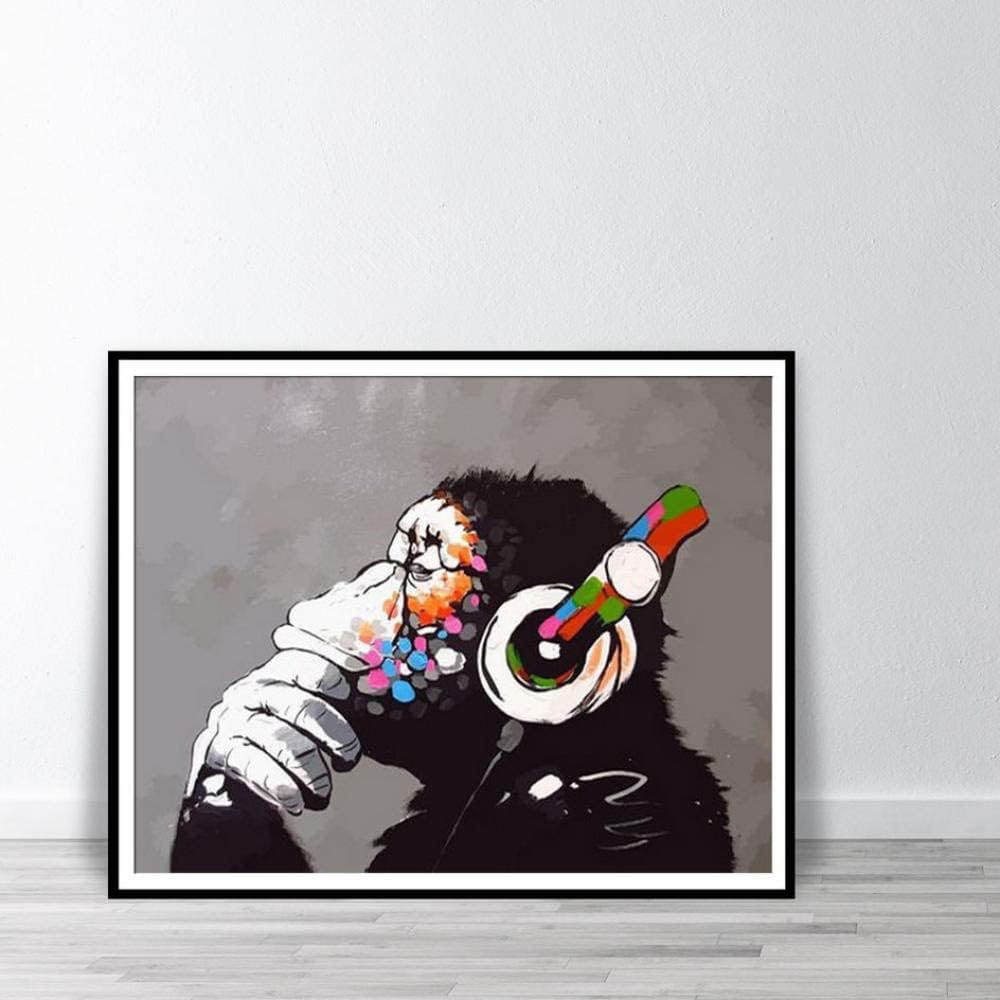 予約販売 バンクシーウォールアートパネルモンキーウィズヘッドフォンアート パネルキャンバスプリントカラフルチンパンジーリスニング音楽イヤホンプリントストリートアートパネルグラフィティ 50x60cmアンフレームド