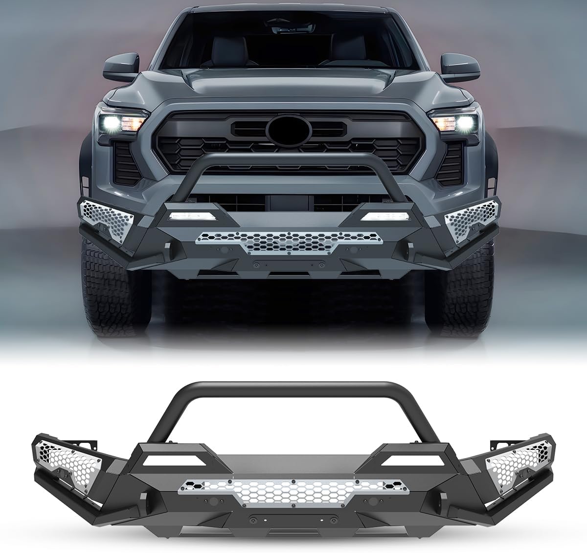 WOLFSTORM Front Bumper for Toyota Tacoma 2024-2026 Heavy-Duty Steel Bumper With Licence Plate Mounting Holes,paintable trim,Pod Light Mounting Bracket,LED Lights & D-rings(Bumper+Wings+Bull Bar)