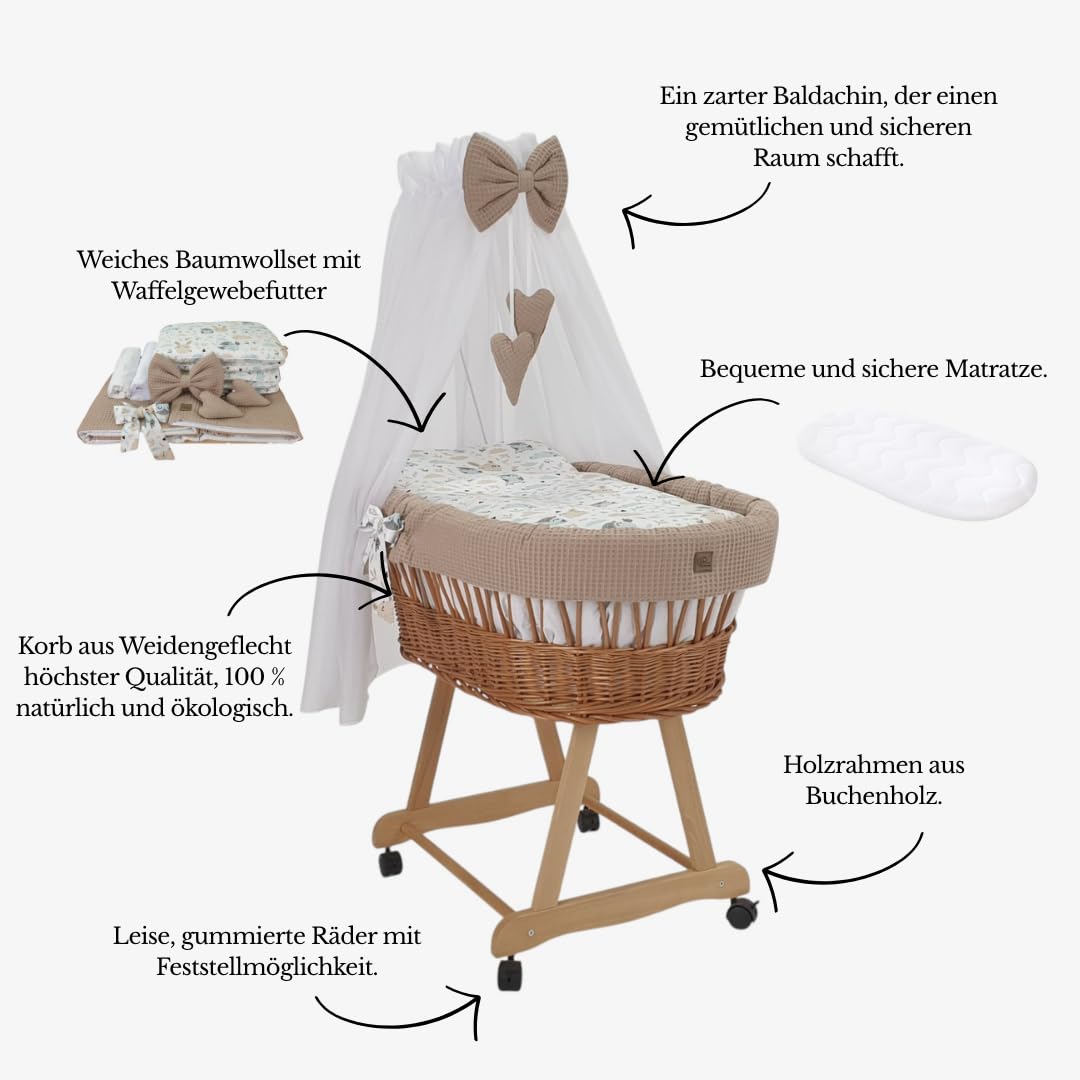Wózek wiklinowy, brązowy, ze stelażem, materacem, baldachimem i pościelą z tkaniny waflowej | ciche koła, królik i sowa
