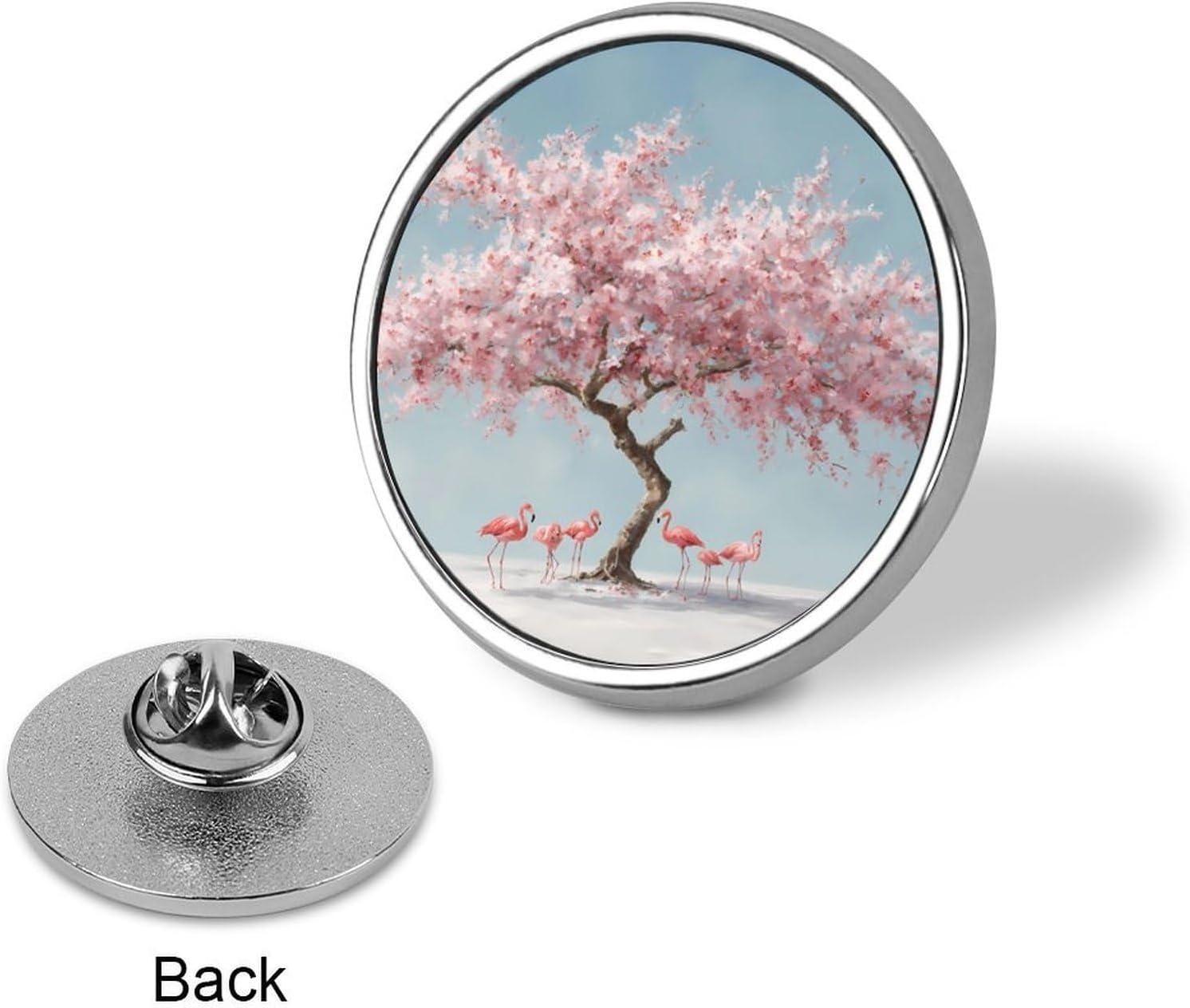Cherries Blossom with Flamingos Round Metal Badge Pin image 3