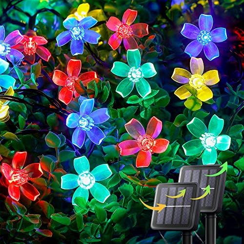 shinymolly 2 Pack Solar Flower Lights Outdoor Waterproof, 23FT 50LED Solar Flower Fairy Lights, 8 Modes Cherry Blossom String Lights for Garden Fence Yard Tree Patio Decor(50L-Multicolor)
