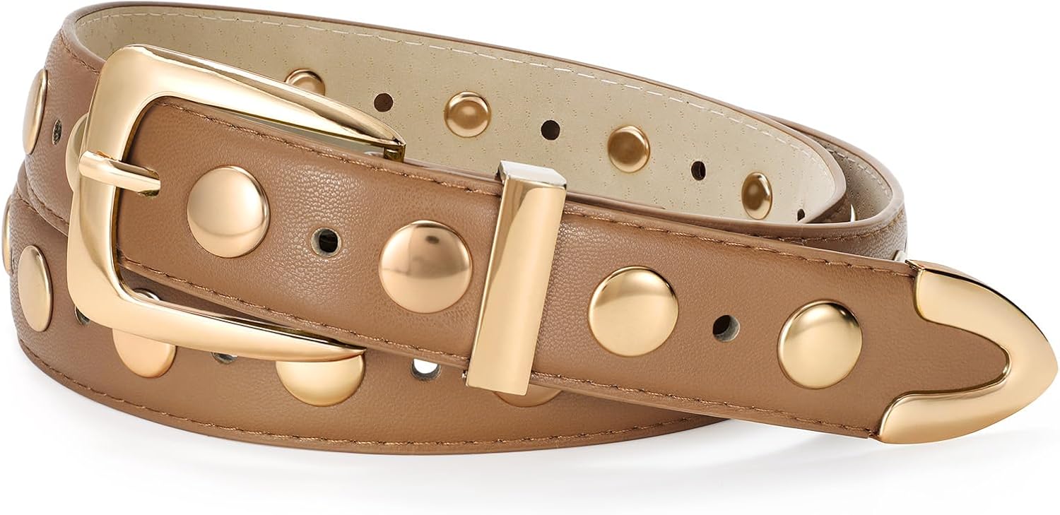 JASGOOD Women Leather Belt Fashion Studded Belt Ladies Punk Belt Vintage Leather Belt for Jeans Dress
