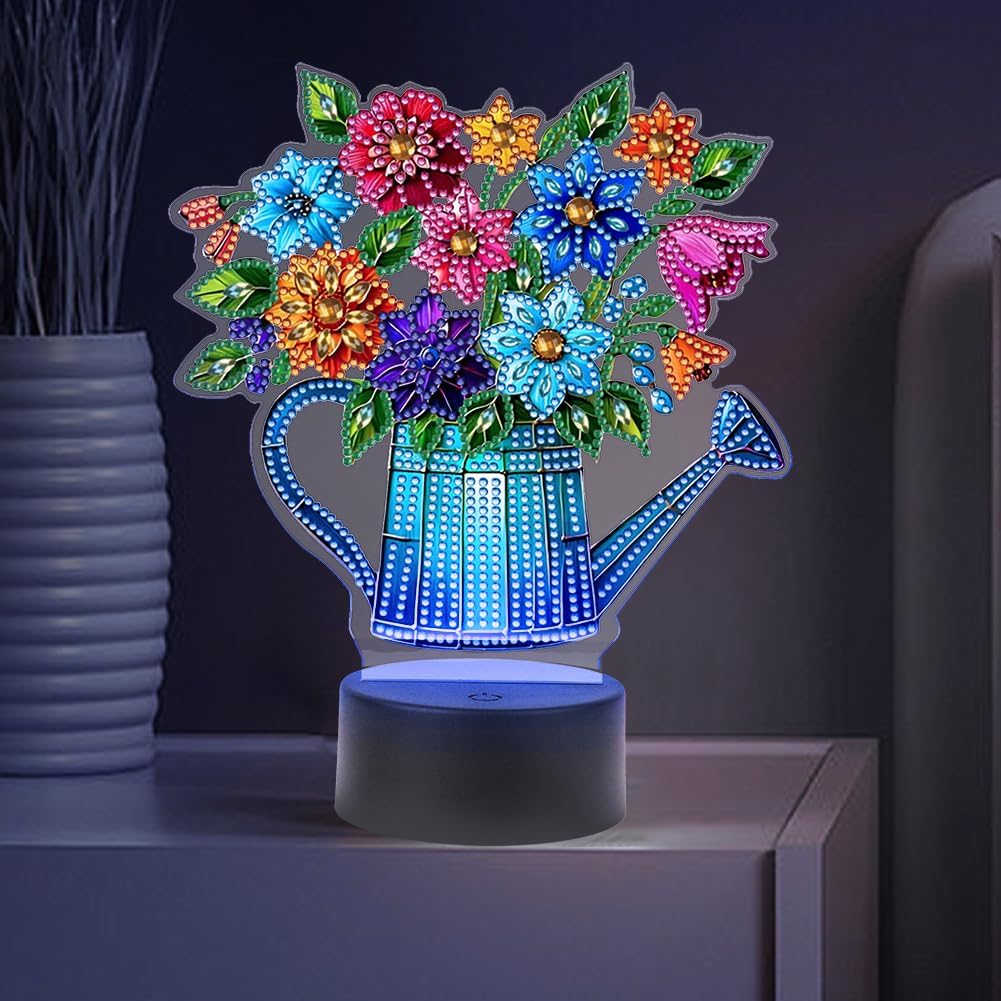 Diamond Painting Night Light, Diamond Art Kits for Adults, LED Diamond Painting Night Lamp Kit for Beginner Home Decor (Watering Bucket Flowers)