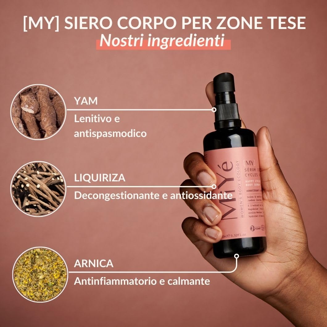 MiYe | Siero per seno teso, gambe pesanti + dolori mestruali | Menopausa, Sindrome Premestruale (SPM) | Arnica, magnesio, ginkgo biloba | Prodotto in Francia | 50 ml, 40 applicazioni