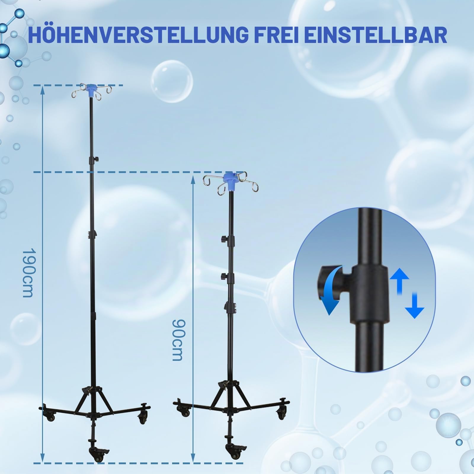 Infusionsständer,Verstellbarer Infusionsständer mit Rädern | Faltbare IV-Stange,Höhenverstellbar,mit 4 Haken und 3 Netzbeuteln, für Krankenhaus Und Häusliche Pflege