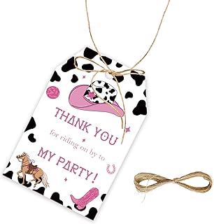 50pcs Cowgirl Thank You Tags, Cowgirl Gift Tag with String for Western Party, Little Cowgirl Themded Thank You Paper Tags for Girl Birthday Party Favors