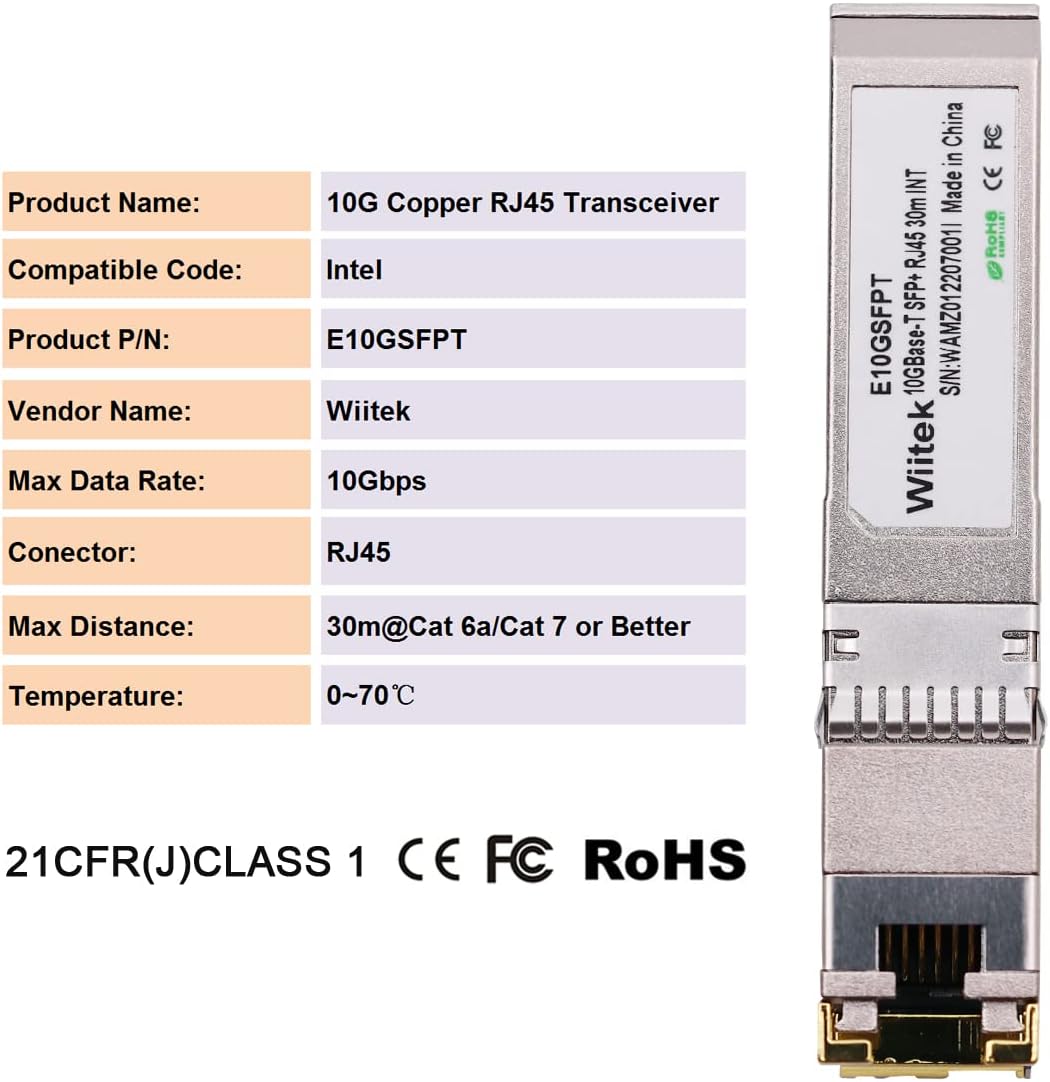 10G SFP+ to RJ45 Copper Modules, 1.25G/2.5G/5G/10GBase-T Ethernet Copper to SFP+ Transceiver Compatible for Intel E10GSFPT(Cat 6a/7 or Better, 30-Meter)