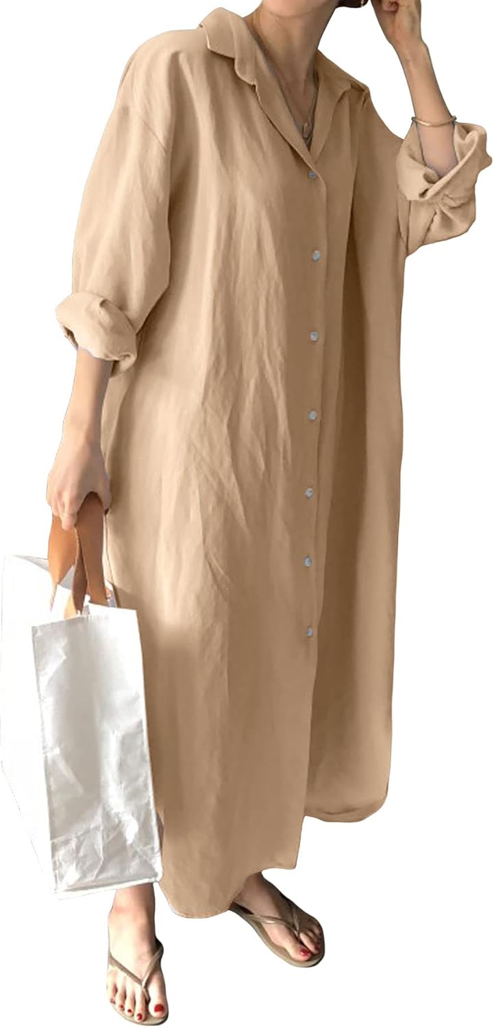 GGUHHU Womens Chic Button Down Rolled-Up Sleeve Long Cotton Blouse Maxi Dress (Large, Khaki)