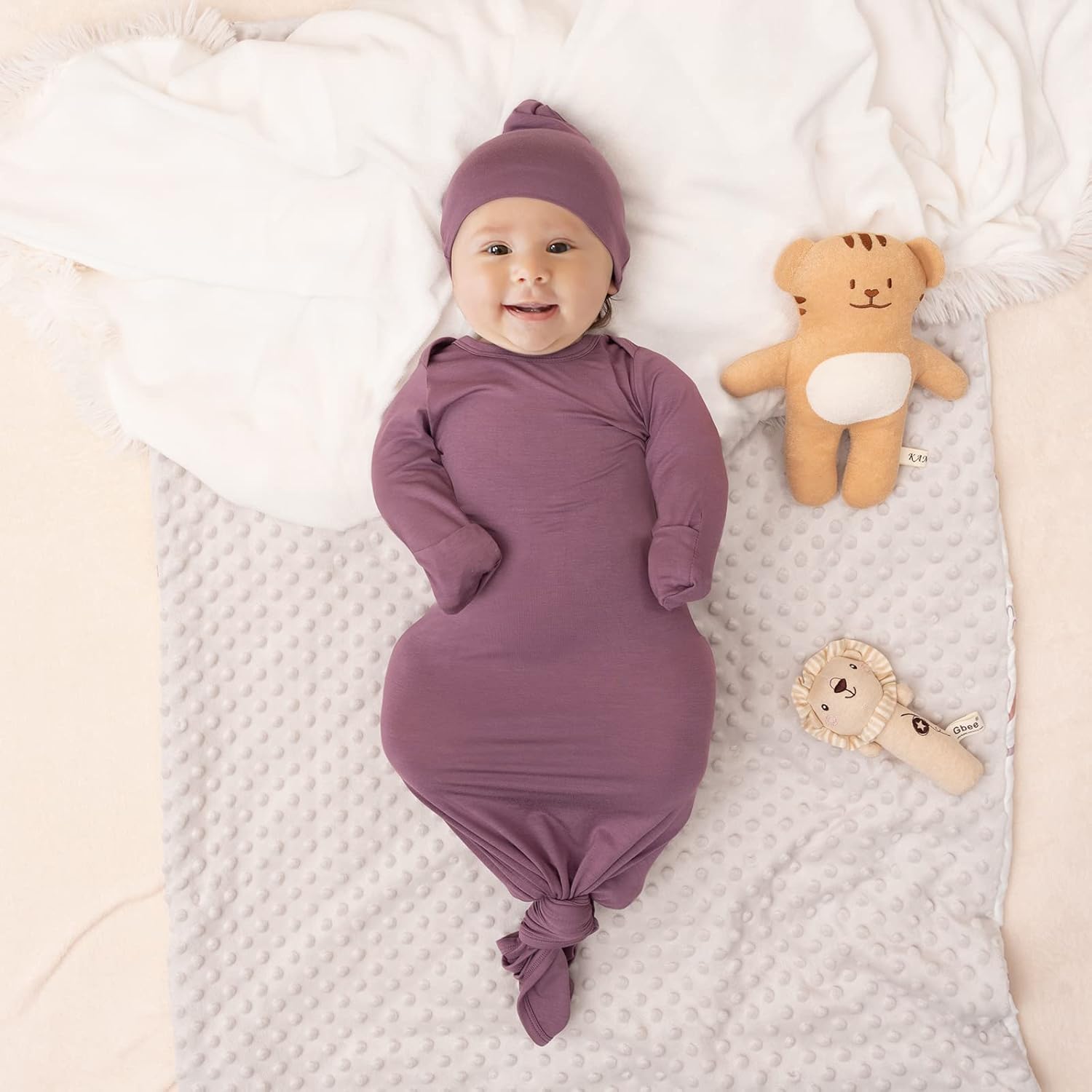 2Pk Newborn Baby Knotted Gown, Super Soft Silky Infant Long Sleeve Sleeper for Baby Sleeping with Hat Deep Purple & Pink (2 Packs 0-3 Months) - Image 7
