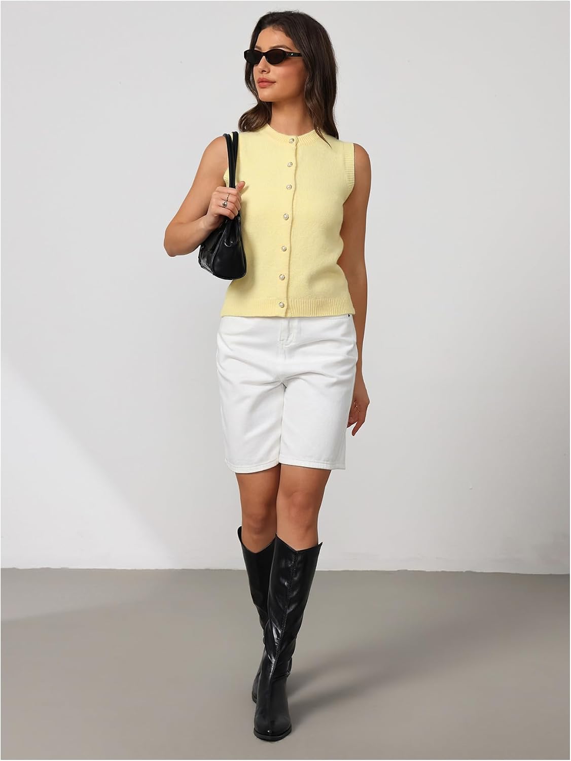 GORGLITTER Women's Pearl Button Up Sweater Vest Crew Neck Sleeveless Knit Tank Tops Fall Cardigan