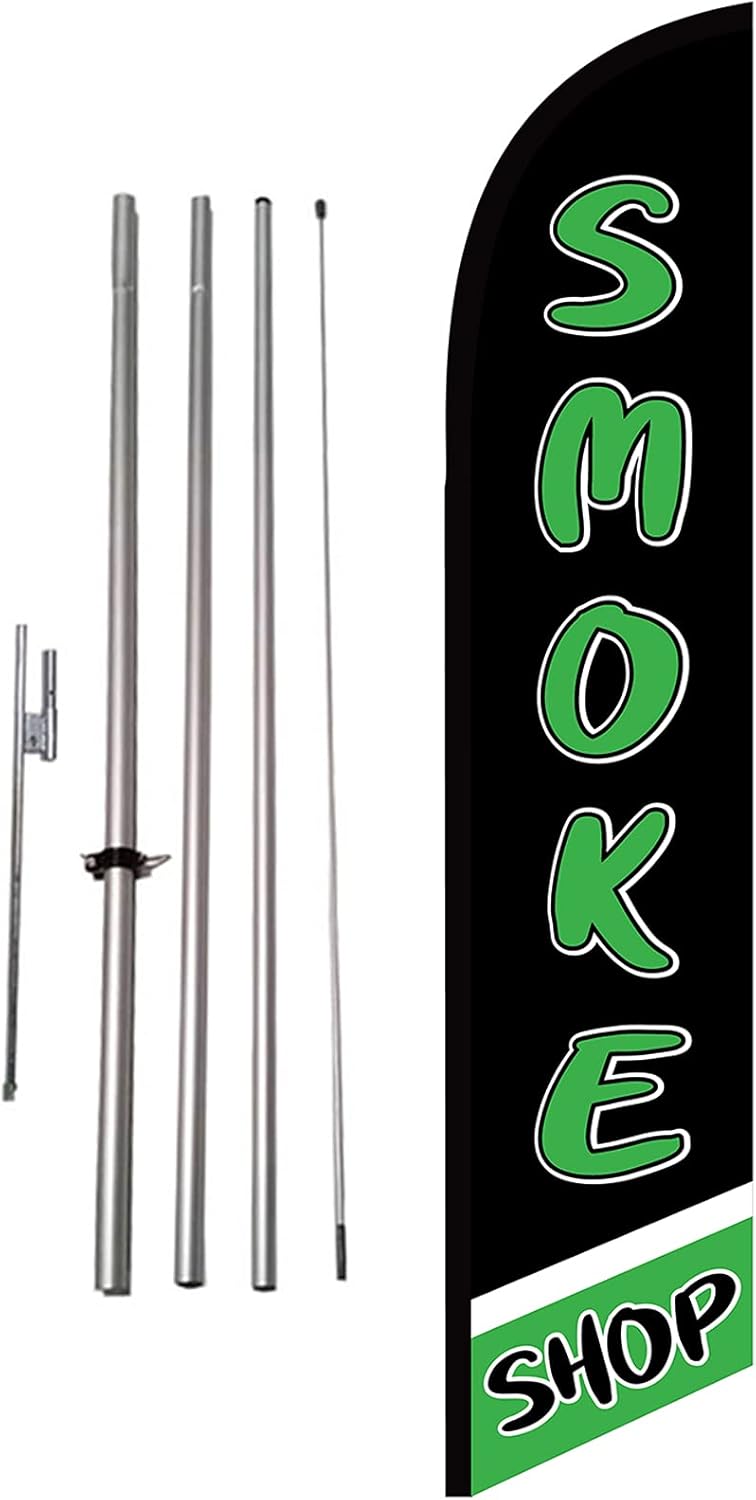 Smoke Shop Advertising Sign for Outdoors. Feather Banner Swooper Flag Sign for Businesses. Includes 15 foot Flag Pole Kit and Ground Stake, Green, Black