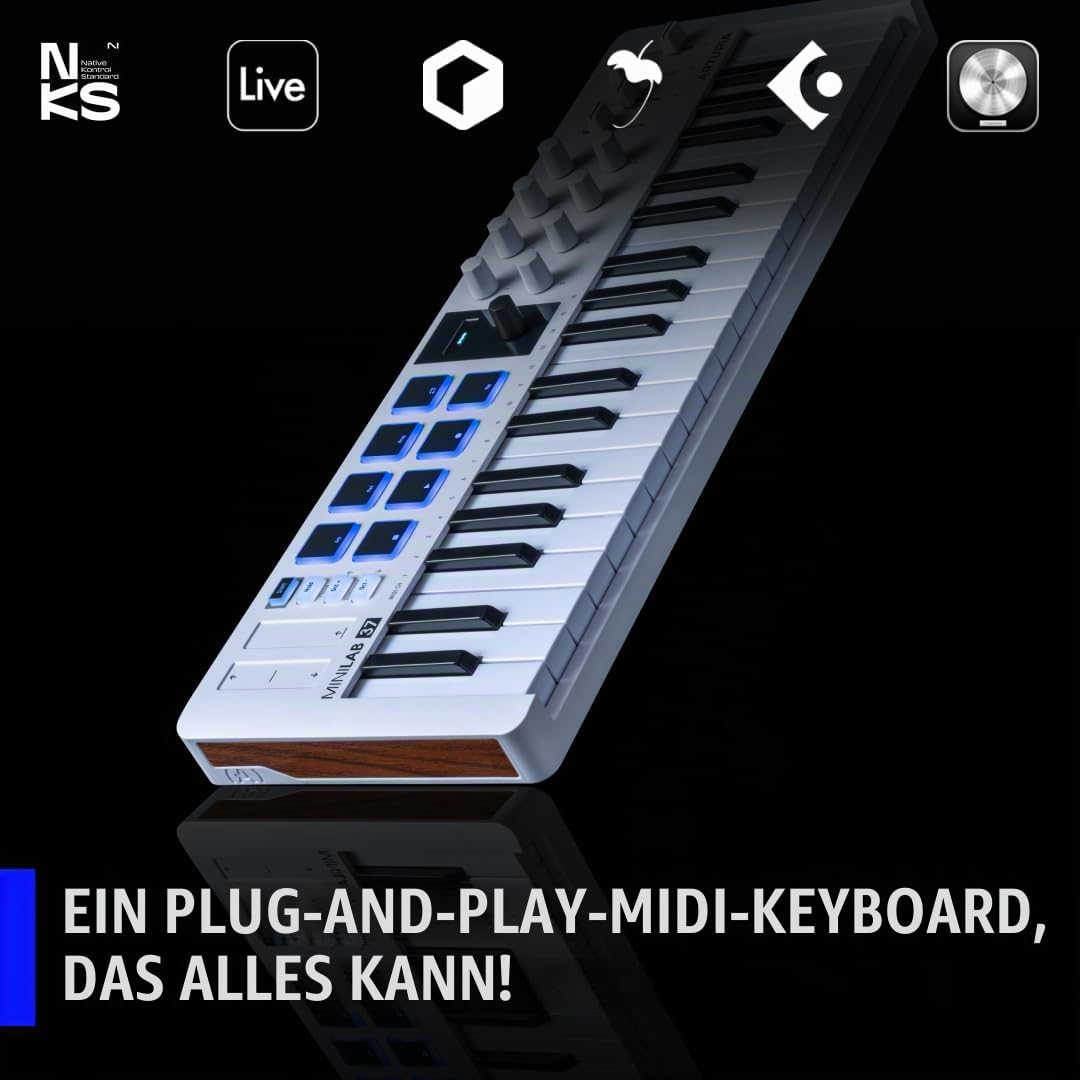 Arturia MiniLab 37 USB-MIDI-Controller mit 37 Tasten | 37 schlanke Tasten, Pads, Encoder, Fader, DAW-Integration, USB-C, Software-Paket, Arpeggiator mit Akkordmodus
