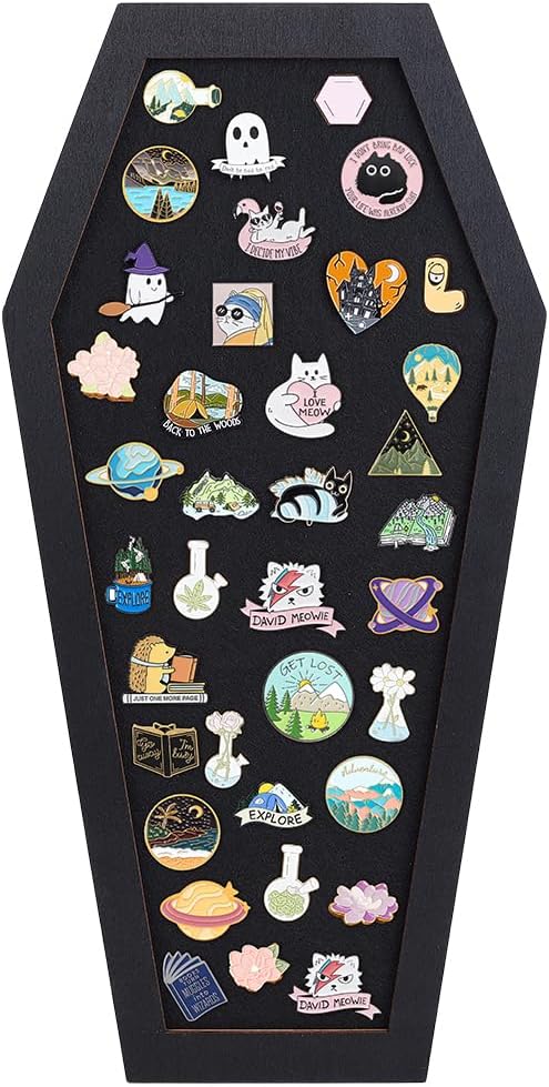 BENECREAT Coffin Pin Display Board, 15.7x7.8x0.7inch Bulletin Display Board Wall Mounted Felt Board with Black Wood Frame for Brooch Pin Display, Office Home Decor