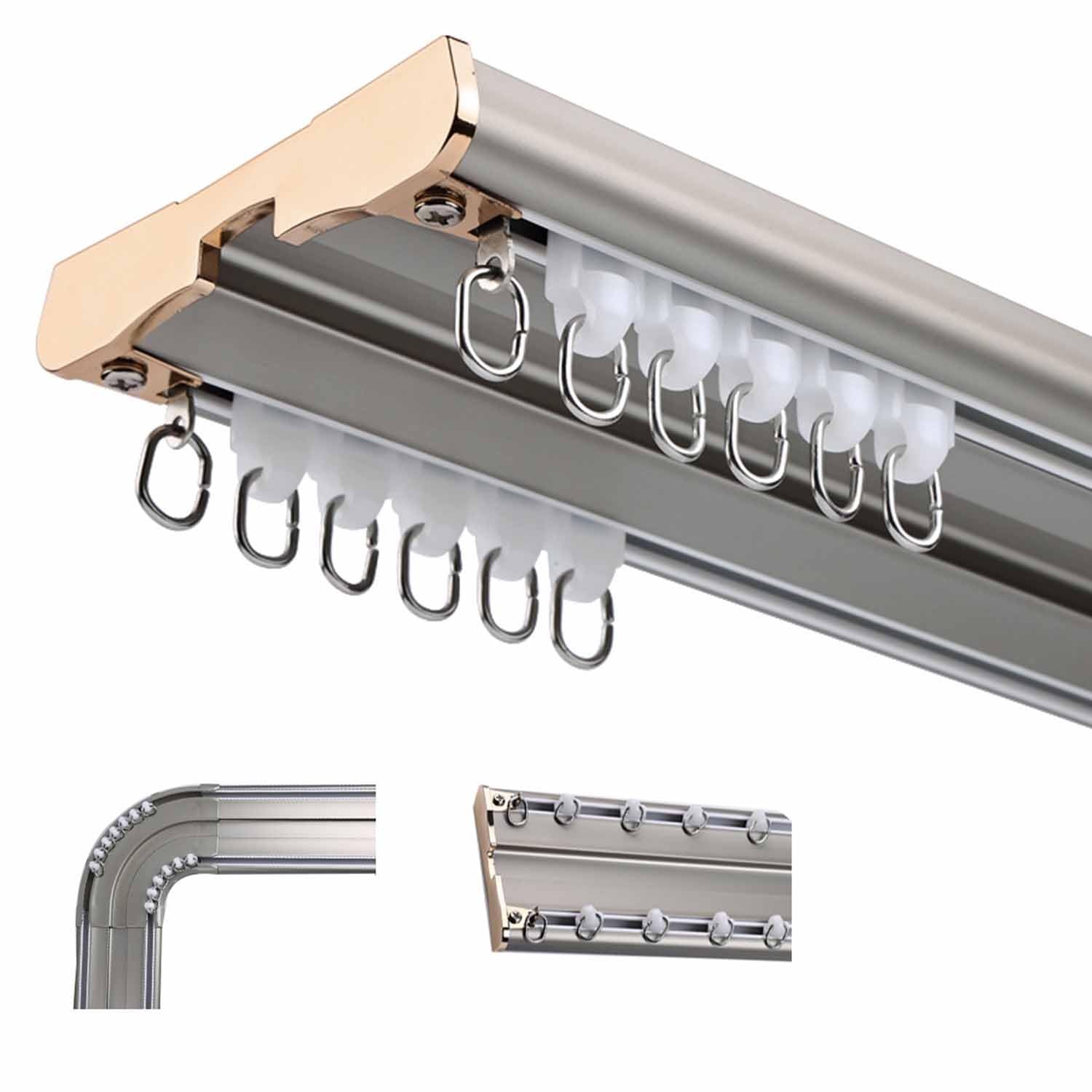 Bedroom Double Curtain Track System Heavy Duty Conjoined Curtain Rail Ceiling Mount Streamline Aluminium Curtain Rod Set For Office Home Room Divider(Gray,104in)