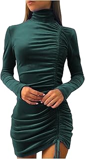 Plus Size Dresses for Women Sexy Drawstring Ruched Bodycon Dress High Neck Long Sleeve Slimming Fall Going Out Dress - Buy now