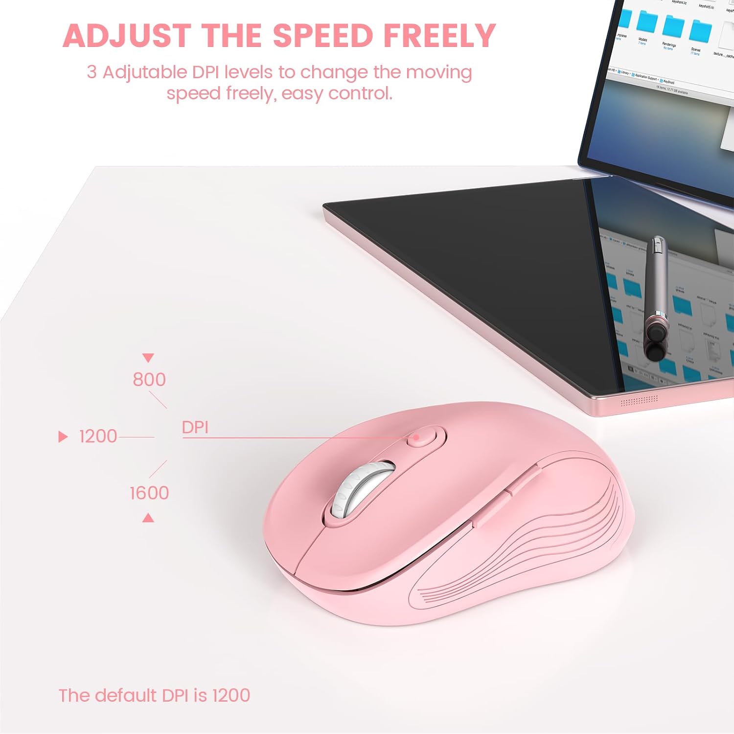 WisFox 2.4G Wireless Mouse for Laptop, Ergonomic Computer Mouse with USB Receiver and Type-C Adapter, 3 Adjustable Levels DPI, 6 Button Cordless Wireless Mice (Blush Pink) - 3