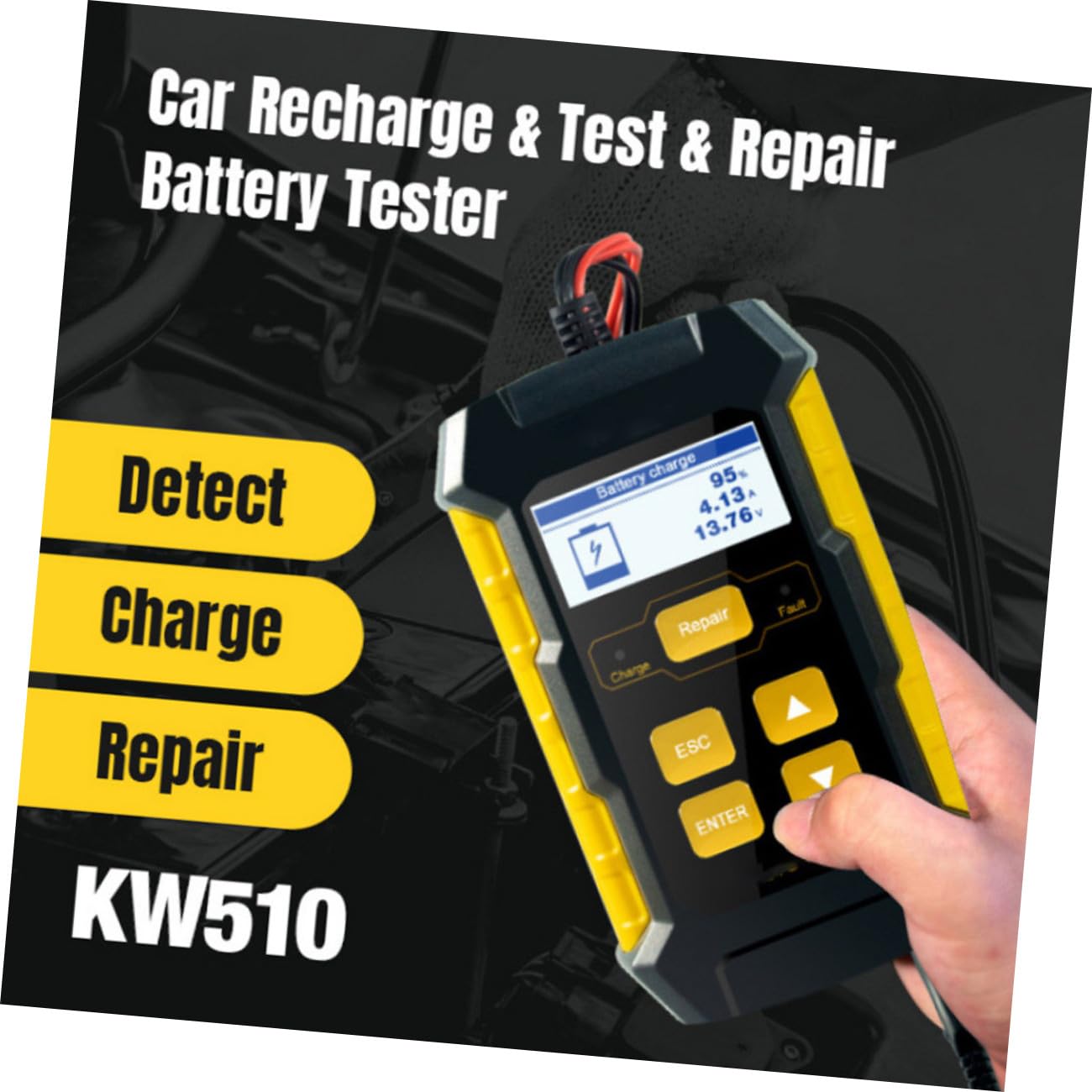 Cabilock Tester Batteria Auto 3 in 1 per Batterie 12v Schermo 2.4 Pollici, Funzione Riparazione e Caricatore in Abs e Rame per Veicoli