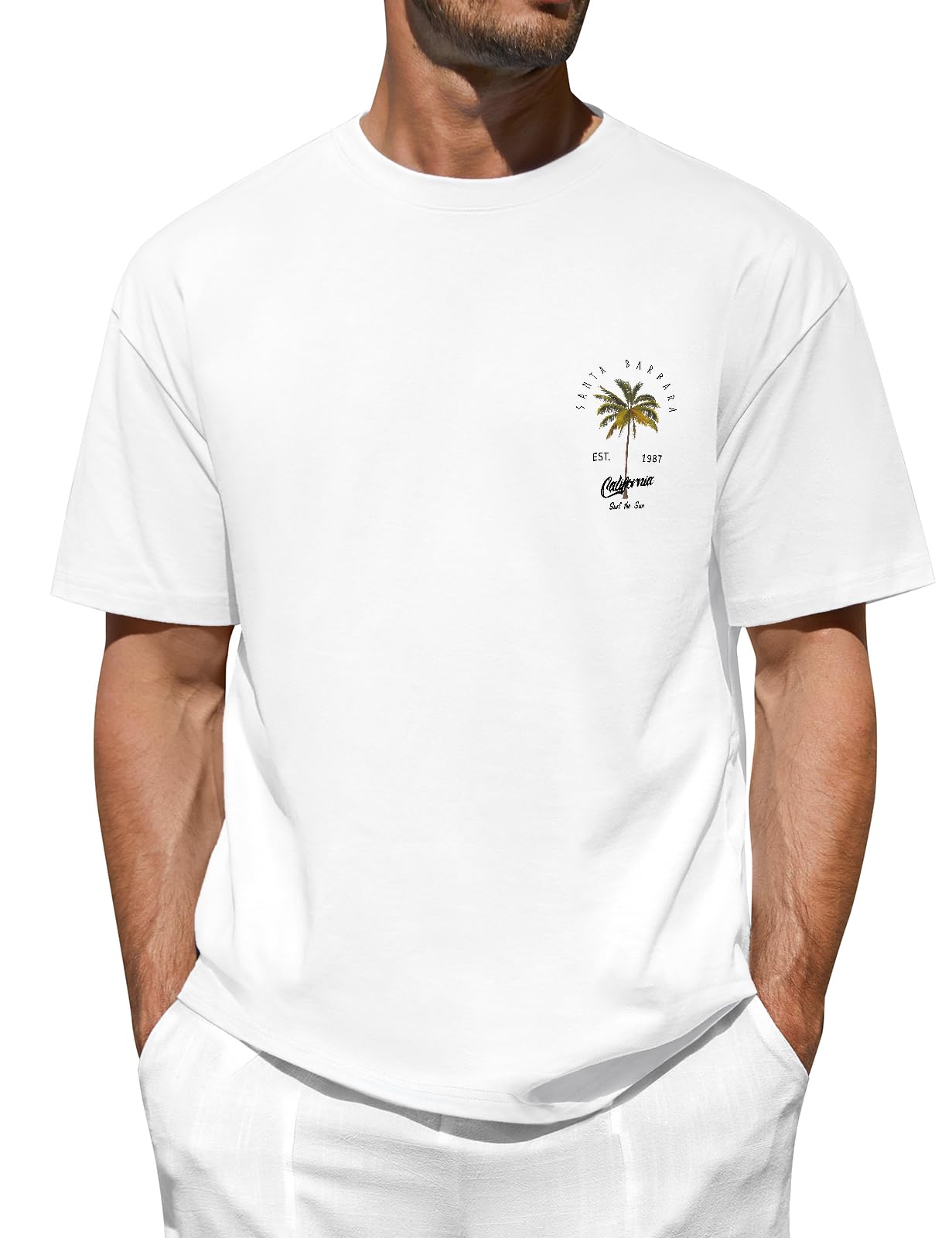 TOMEEK T Shirt Herren Graphik Basic Tshirt Kurzarm Baumwolle Rundhalsausschnitt T-Shirt Palmen Print Sommer Top Sport Kalifornien