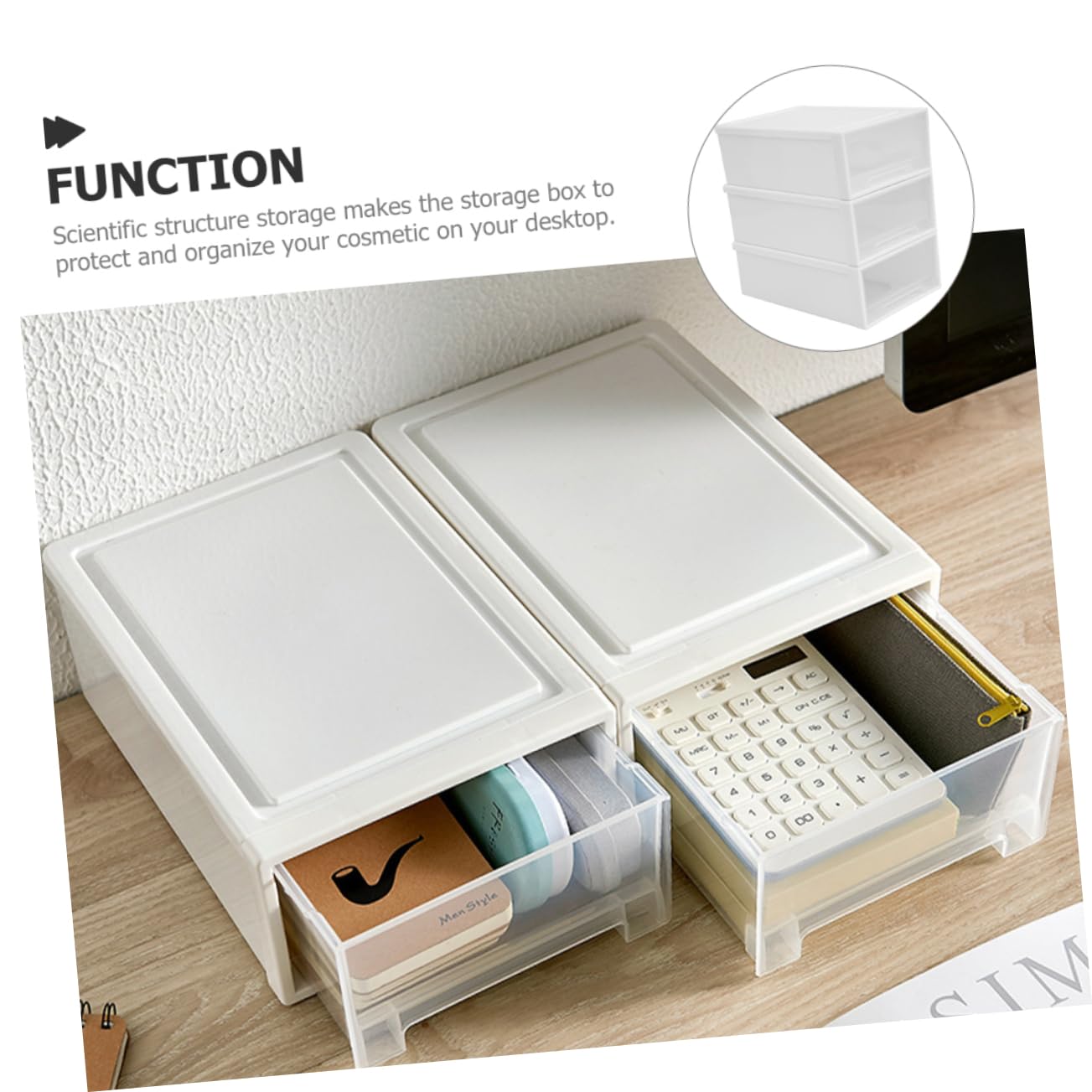 Organisateur de Bureau à 3 Tiroirs Empilables en PP, Boîte de Rangement Multi-Usages Grosse Capacité pour Maquillage et Accessoires de Bureau