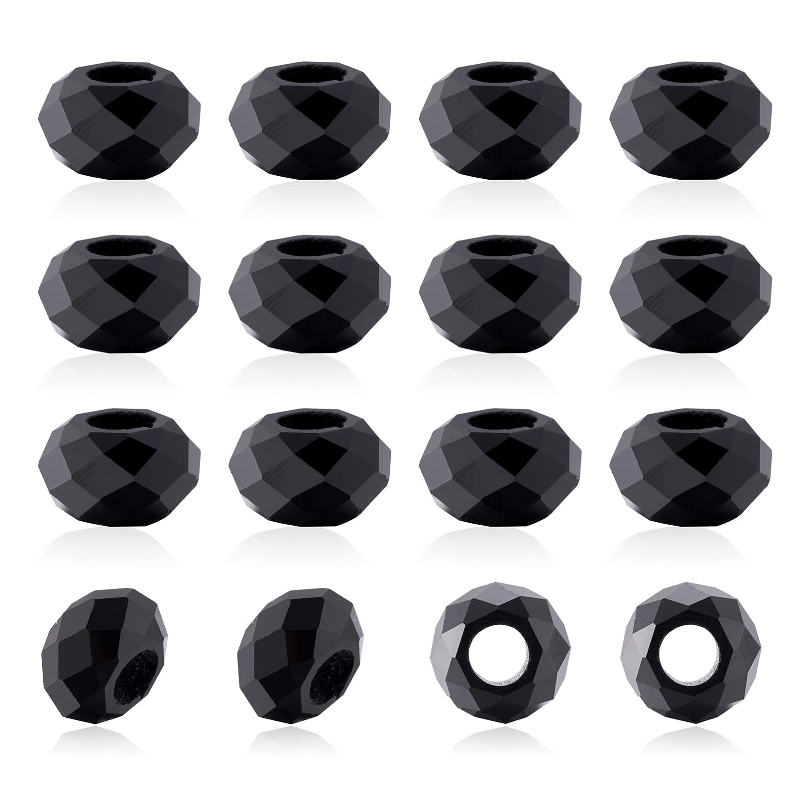 PandaHall 100pcs Large Hole Faceted Glass European Beads 14x8mm Black Rondelle Spacer Loose Beads Fit European Snake Chain Charm Bracelets