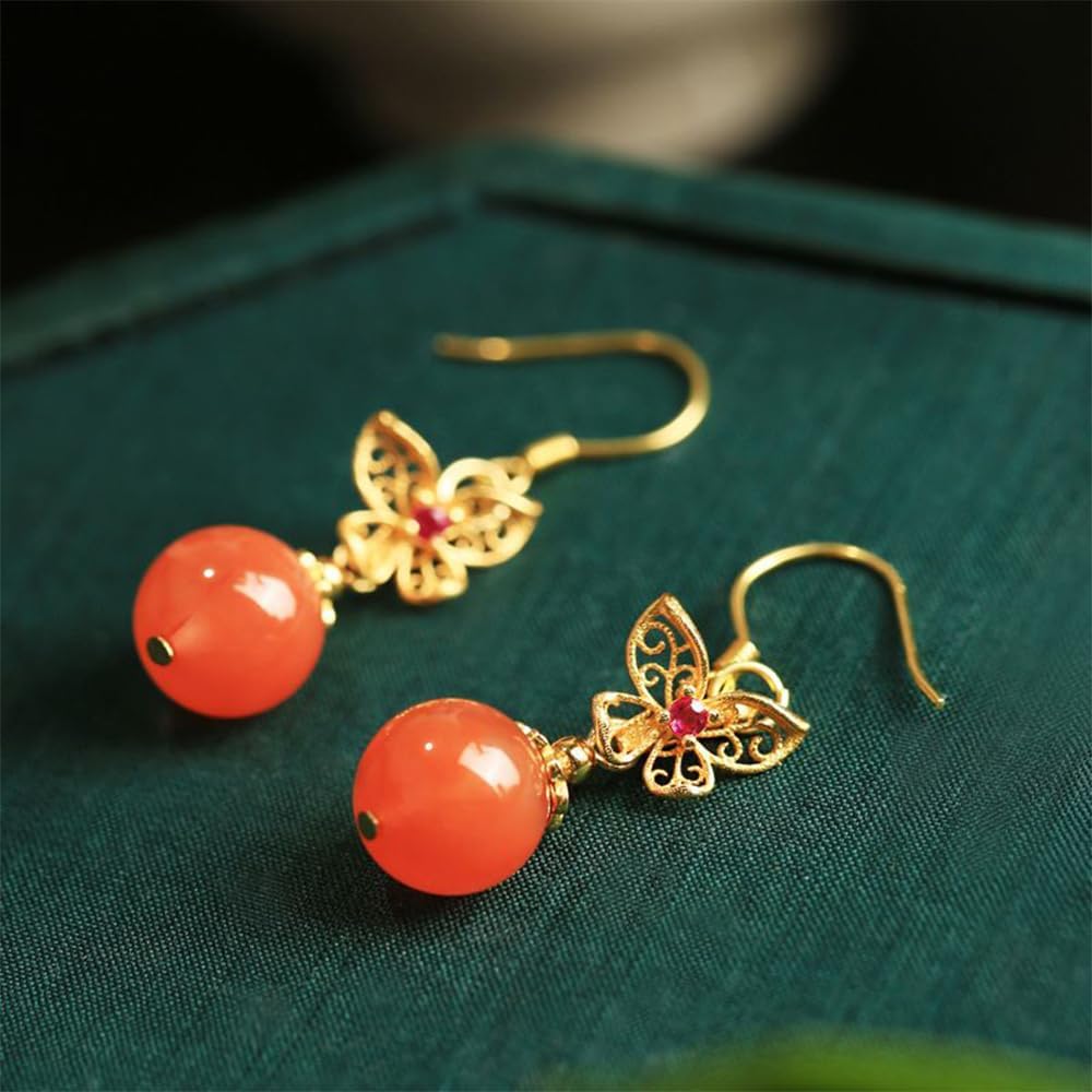 S925 Silver And Gold Plated With Natural Red Agate Butterfly Earrings Jade for Women Yoga Genuine