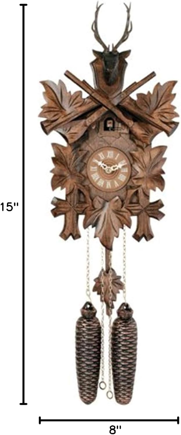 15" Eight Day Hunter's Mechanical Cuckoo Clock with Hand-Carved Maple Leaves, Rifles, and Buck