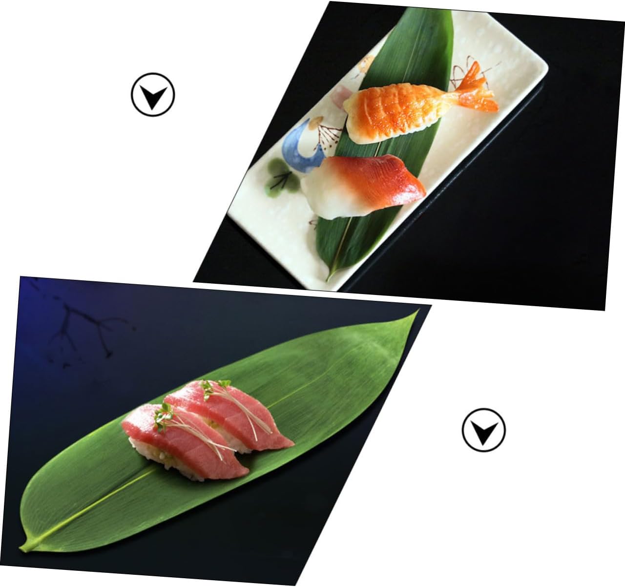 100Pcs Bamboo Leaves for Sushi Presentation Decorative Sashimi Dish Mats Japanese Cuisine Serving Accessories Green Leaf Decor for Food Display