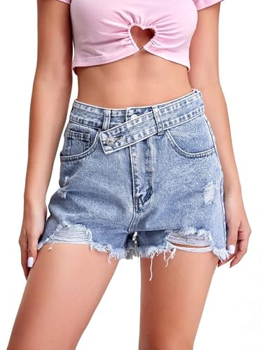 Sweatyrocks Women's Casual High Waist Raw Hem Ripped Denim Jean Shorts With Pocket Light Wash S #TOP5