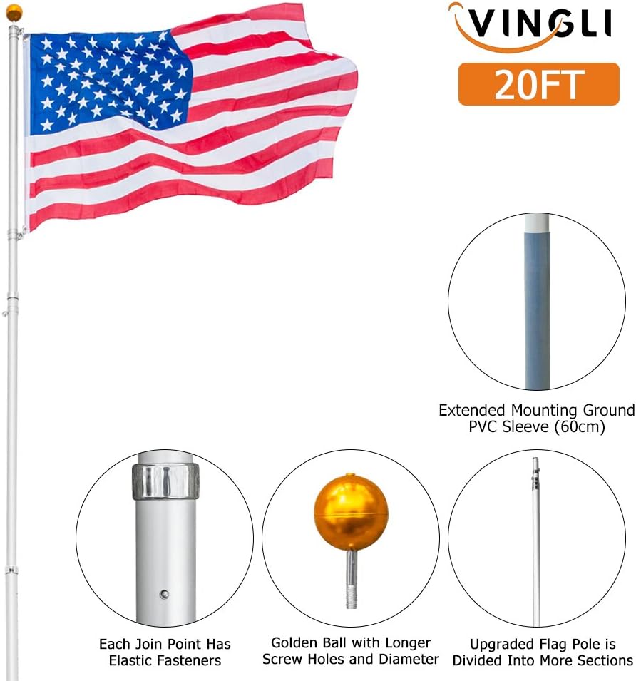 VINGLI 20FT Telescopic Upgraded Aluminum Flagpole,Upgarded Thick Tube Halyard Flag Pole Durable Kit Free 27~33mph 3'x5' USA American Flag Fly 2 Flags, for Outdoor Residential Garden Gazebo