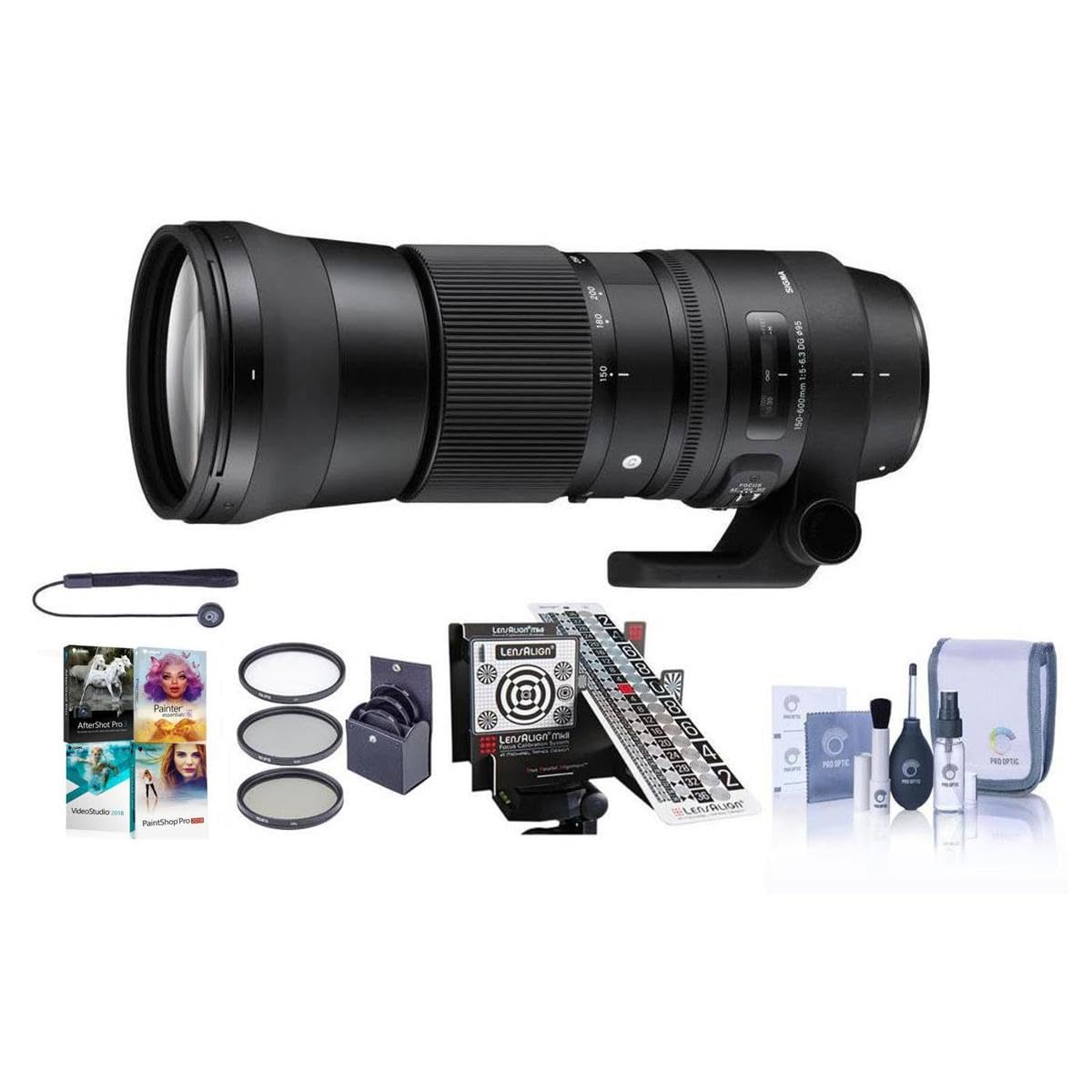 Sigma 150-600mm F5-6.3 DG OS HSM Contemporary Lens for Canon EOS - Bundle with LensAlign MkII Focus Calibration System, 95mm UV/CPL Filters, Cleaning Kit, Lenscap Leash II, Pro Software Package