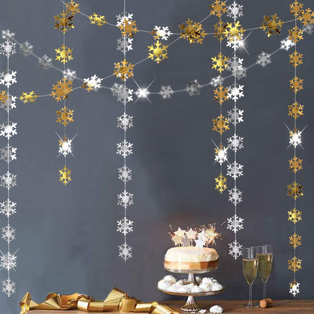 CheerlandGold Silver Snowflake Garland Winter Wonderland Hanging Decorations Christmas Snowflakes Ceiling Décor Xmas Snow Flake Streamer Backdrop Holiday Parties Baby Showers Office Winter Events