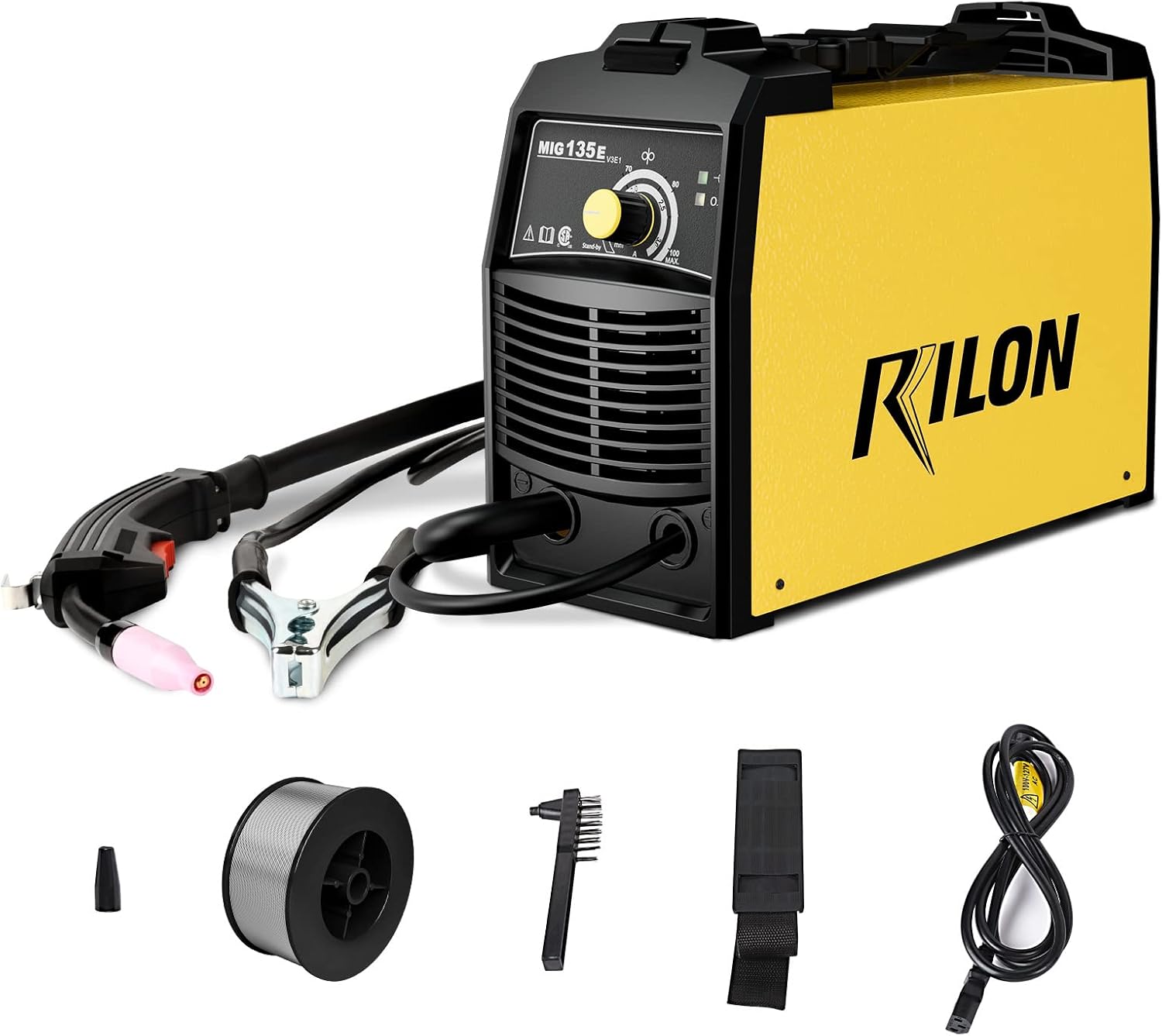 × Rilon MIG Welder 135E, Flux Core Welder Machine, 110V IGBT Inverter with Inner Wire Feeder, Portable Gasless Welding kit 100A DC, Yellow, Small