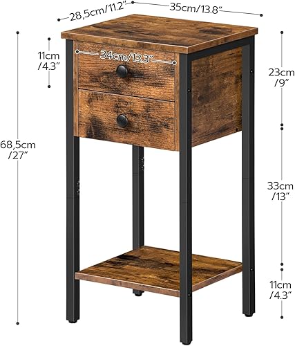 Miniatura 3 de HOOBRO Mesita de noche alta, mesa auxiliar con 2 cajones y estante de almacenamiento, mesa auxiliar de teléfono industrial para estudio, dormitorio,