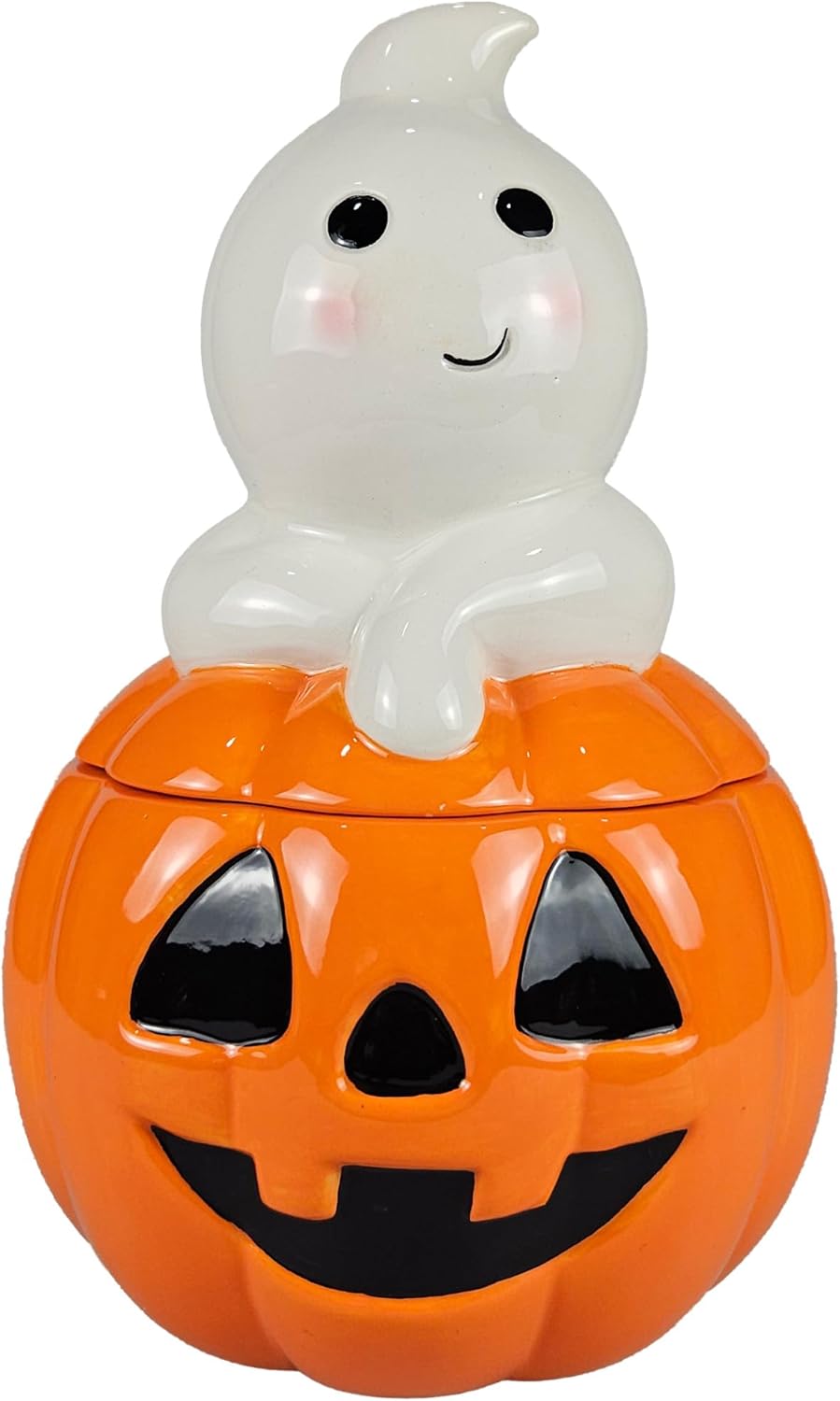 Hanna's Handiworks Halloween Give Thanks Ghost and Pumpkin Jack O’Lantern Cookie Jar - Fun Ceramic Holiday Decor and Kitchen Storage Decoration for Fall Festivities at Home, Office, and School