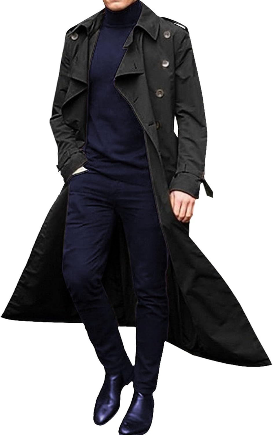 Men's Trench Coat with Adjustable Belted Windbreaker Long Jacket Long Sleeve Double Breasted Overcoat