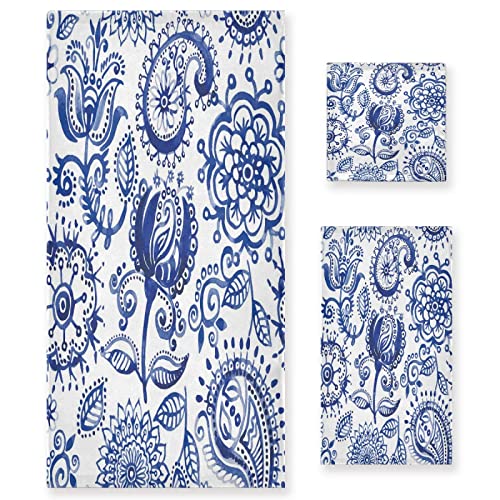 Alaza Towels Set Of 3 Blue Paisley Hand Towel Bath Towel Washcloth Soft Thin Face Guest Towel Kitchen Tea Dish Towels Bathroom Decorations Housewarming Gifts #TOP26