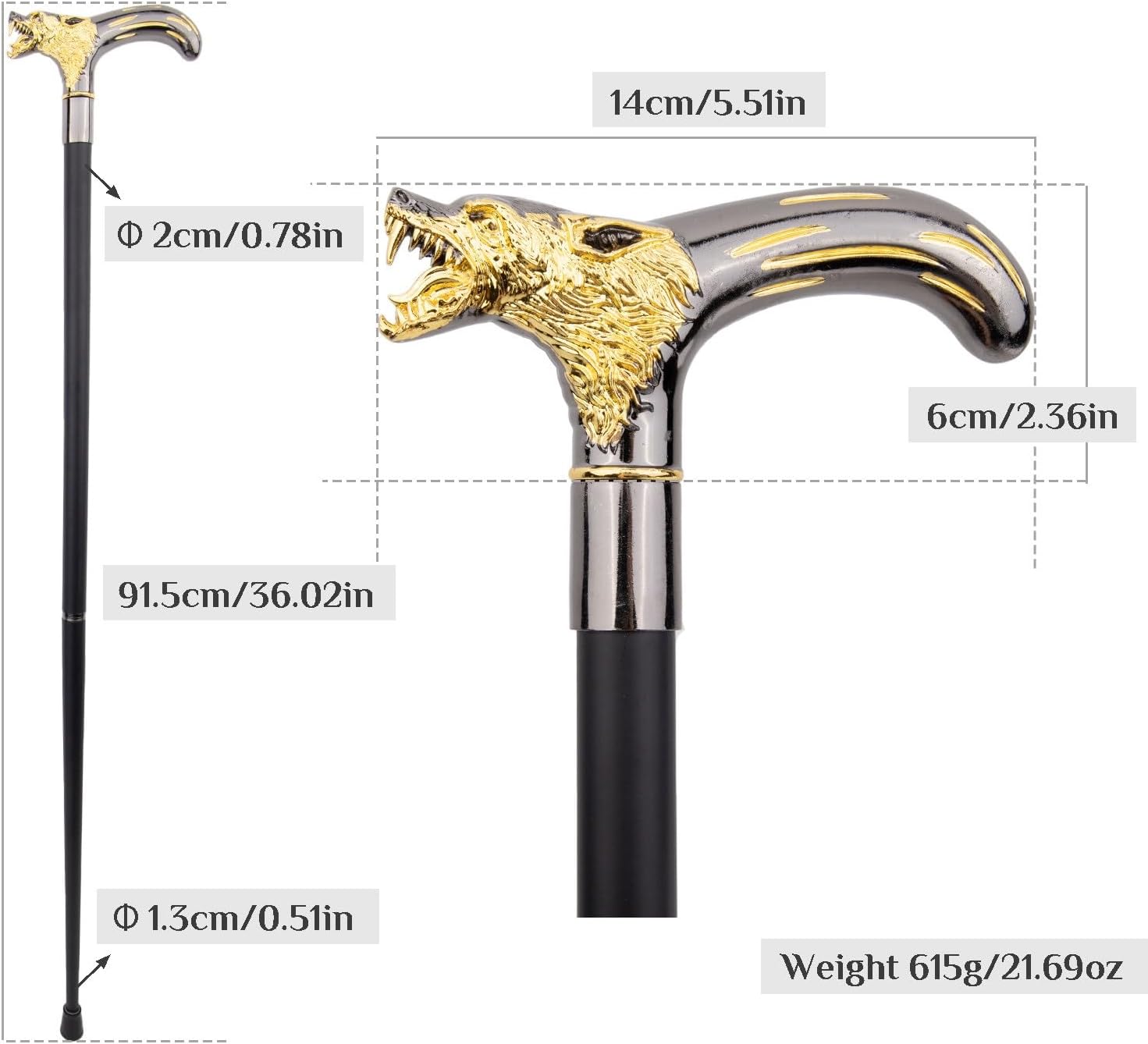 36" Black Gold Wolf Walking Cane with Cane Clip, Ornate Wolf Head Stick Removable Anti Slip, for Cosplay Collection Decor