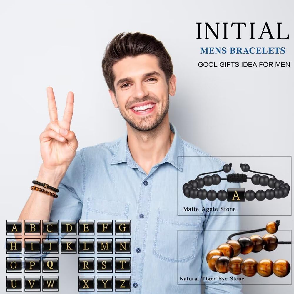 MONOZO 8mm Matte Agate Tiger Eye Beads Bracelet - Adjustable Essential Oil Diffuser Bracelet with Personalized Letter E - Unique Gifts for Men, Dad, Husband, Brother, Son, Best Friend image 3