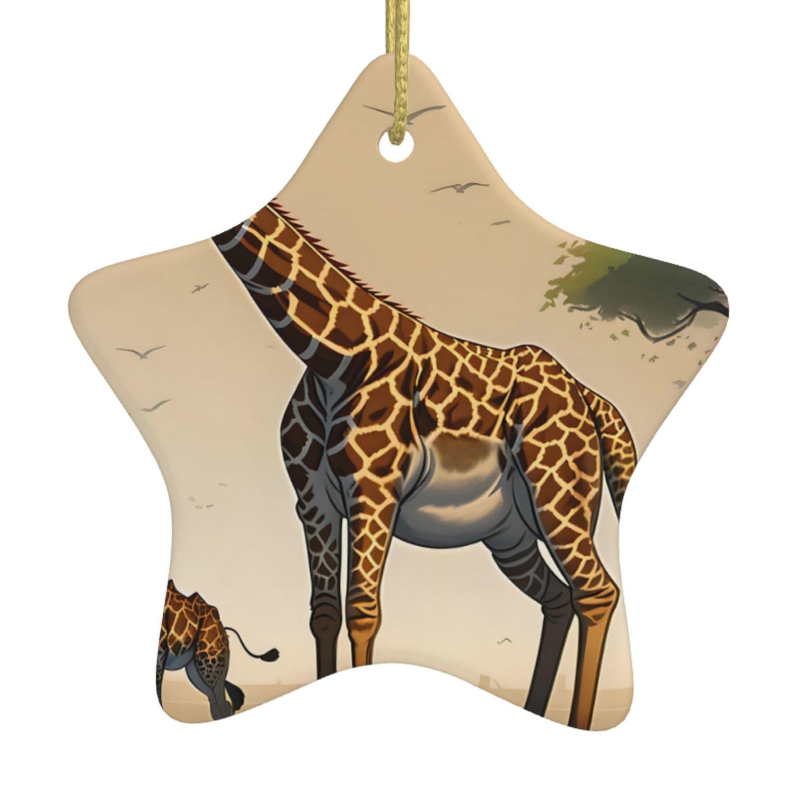 Mother and Child Giraffe Christmas Ceramic Star Pendant with Punched Holes and Gold Wire Rope, Christmas Tree Home Decoration