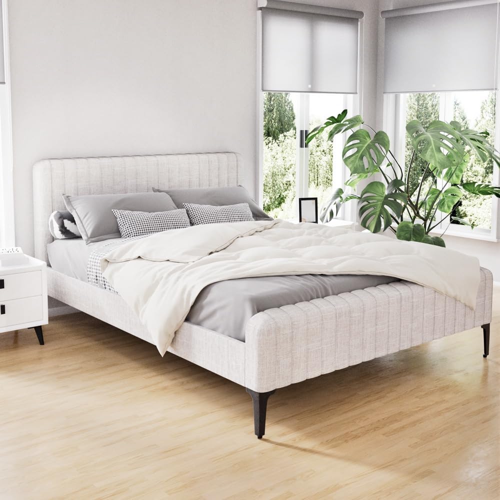 Queen Bed Frame Platform Wooden Base Beds with Storage Bedroom Room Decor Home Furniture, Upholstered with Faux Linen Fabric + Foam + Wood, Modern Design Grey