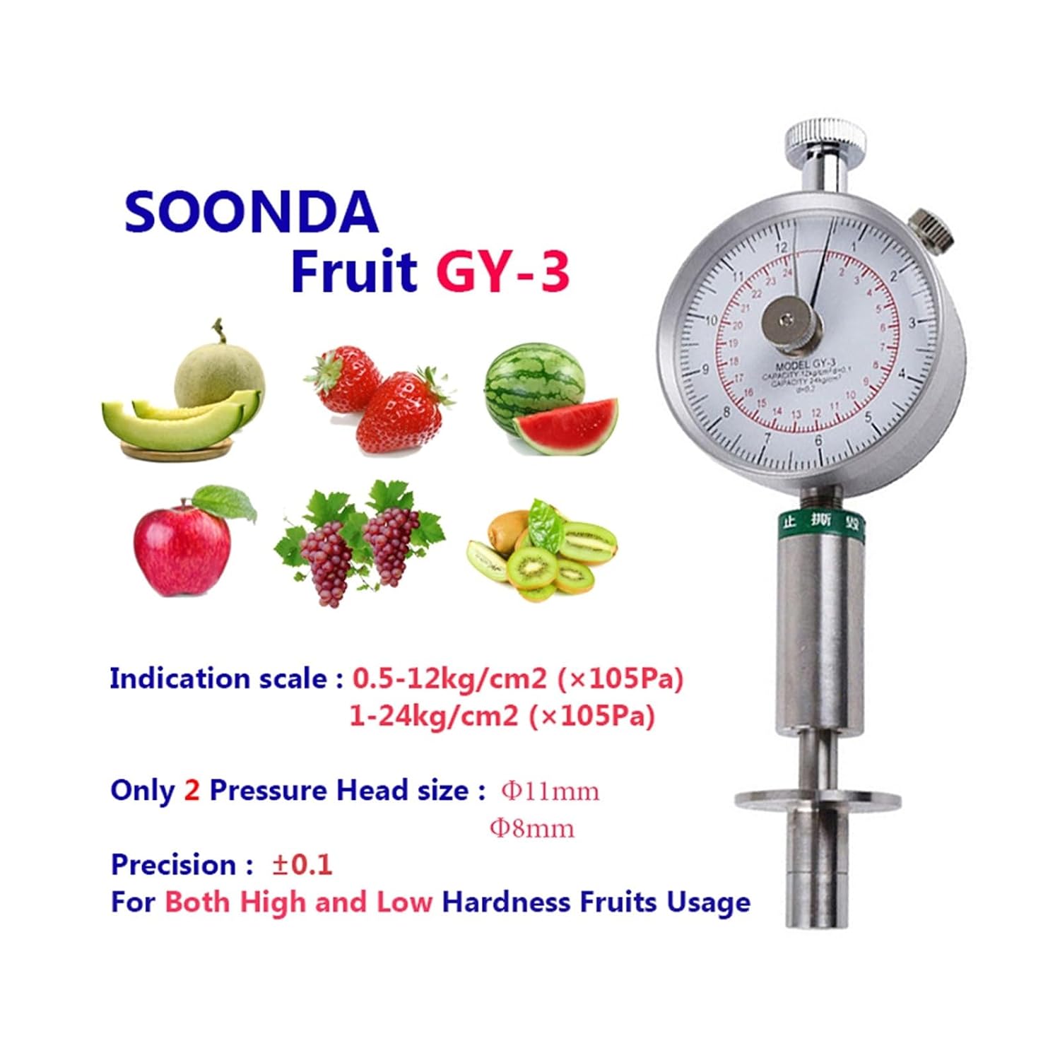 Hardness Tester, 3-in-1 Pointer Fruit Hardness Tester For Apples Pears Grapes Oranges All GY-3 GY-2 GY-1 Fruit Sclerometer Penetrometer,Excellent Portability(Hardness GY-3)
