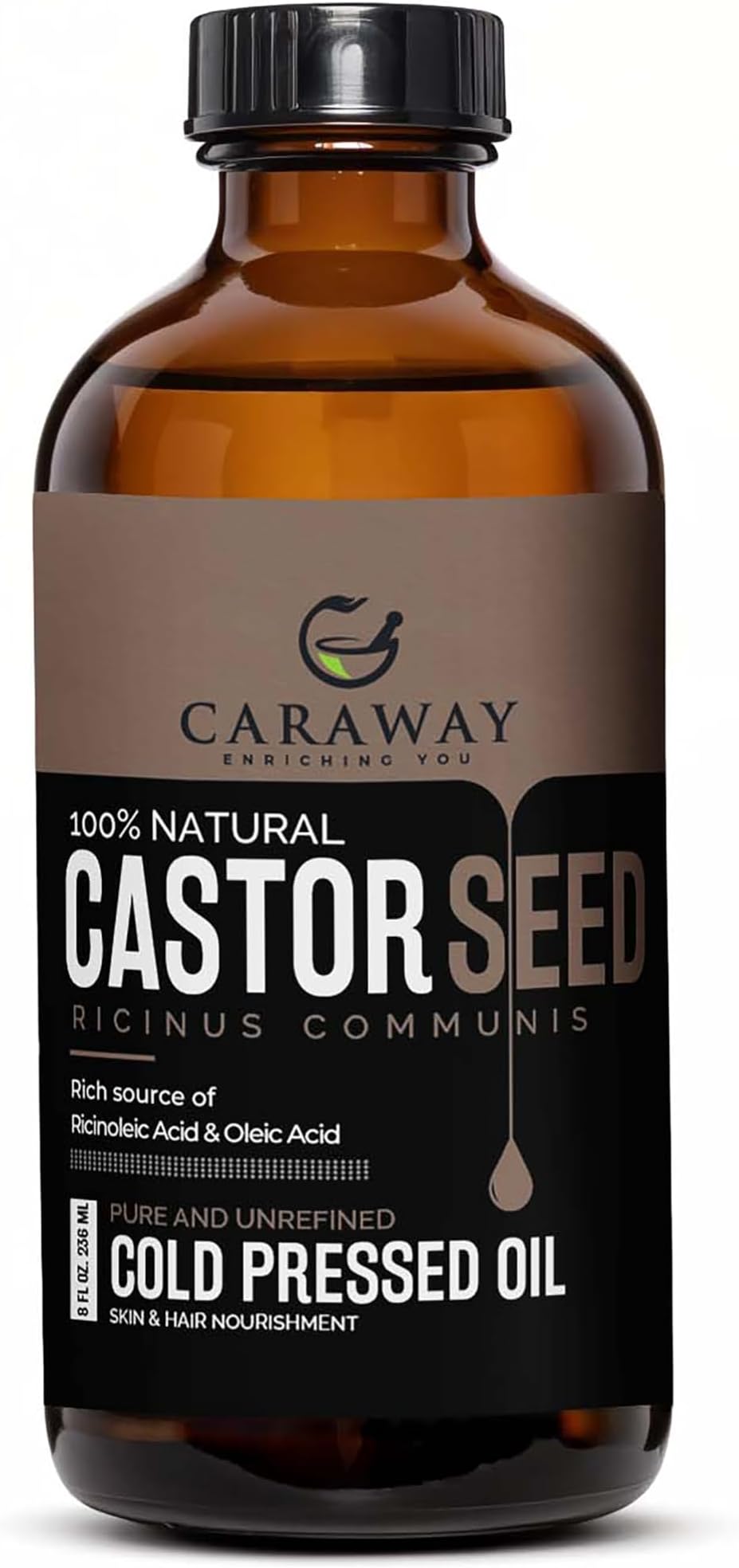 CARAWAY Organic Cold Pressed Castor Oil – Edible for Constipation Relief & Hexane-Free Castor Oil for Hair Growth, liver detox Skin & Joint pain glass bottle – 236 ml / 8 oz