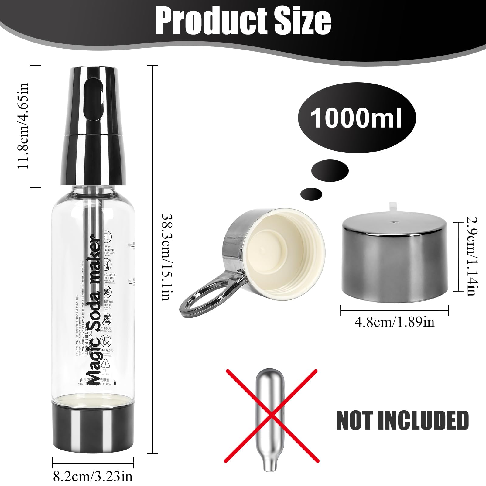 Kit di sifone per soda da 1 litro, macchina per acqua frizzante portatile in PET a doppio uso e bottiglia per bevande/succhi/cocktail, per casa/banco bar/picnic (argento) AstraLoom