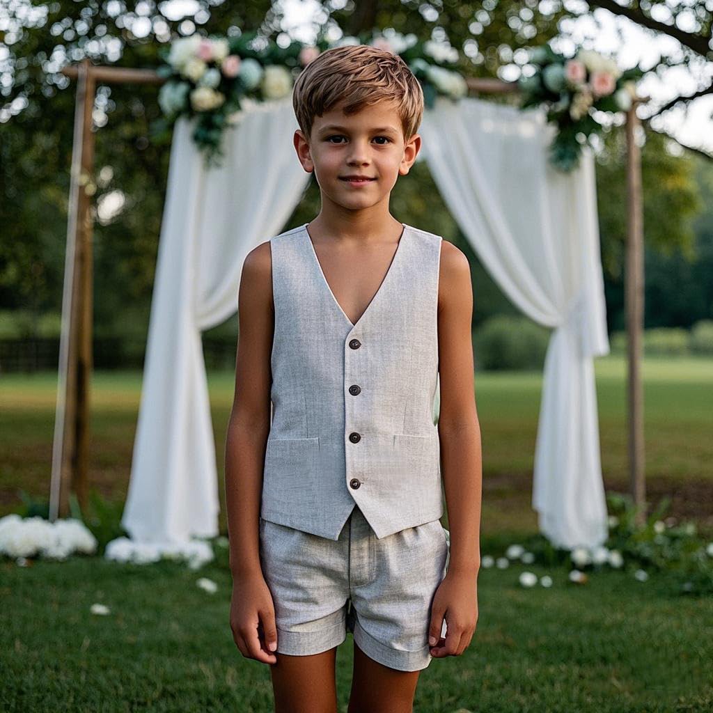Traje de lino de 2 piezas para niños, chaleco y pantalones cortos, verano, playa, boda, esmoquin, traje formal para portador de anillos, azul real, 10 años