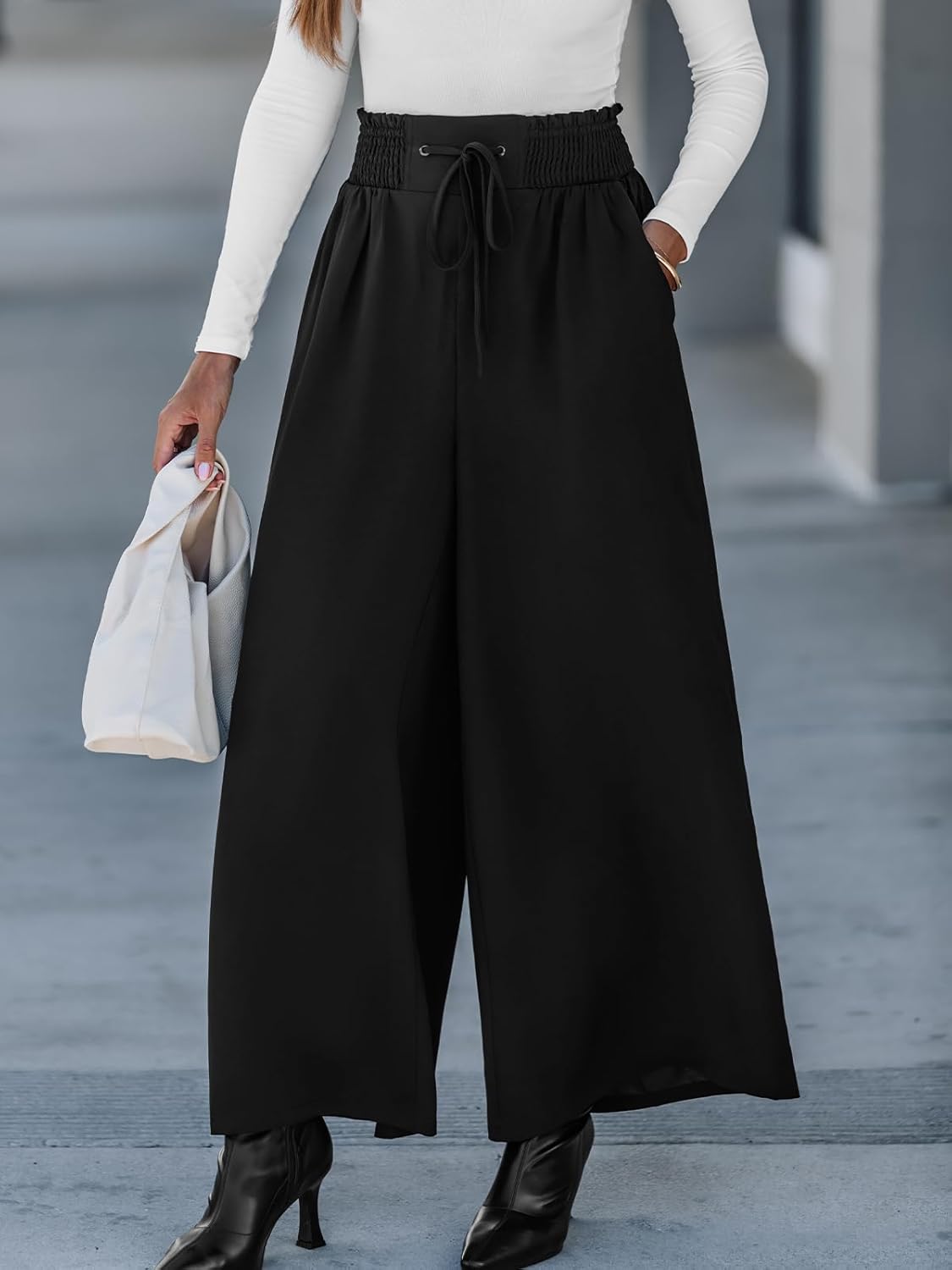 CUPSHE Womens Wide Leg Pants Elastic High Waisted Beach Trousers Cotton Linen Summer Palazzo Solid Black M - Image 2